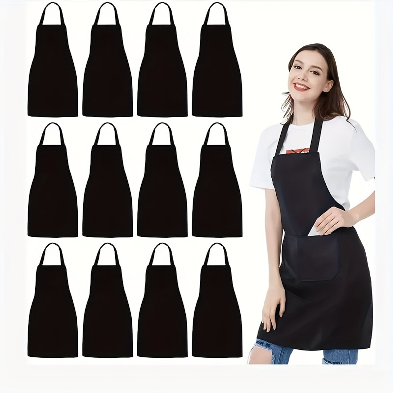 10pcs Black Kitchen Aprons with Pockets - Durable Polyester, Perfect for Cooking & Grilling, Machine Washable - Ideal for Restaurants & Couples