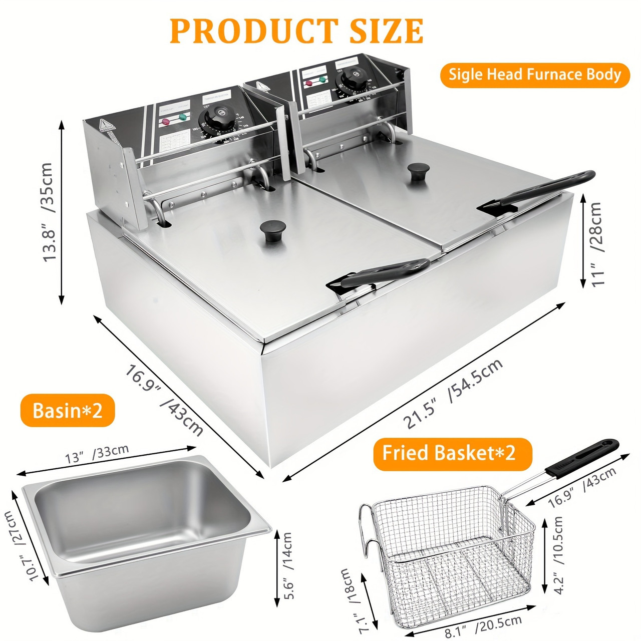6L/12L Commercial Electric Deep Fryer, Stainless Steel Countertop Electric Fryers with Removable Tank and Baskets for Home, Restaurant