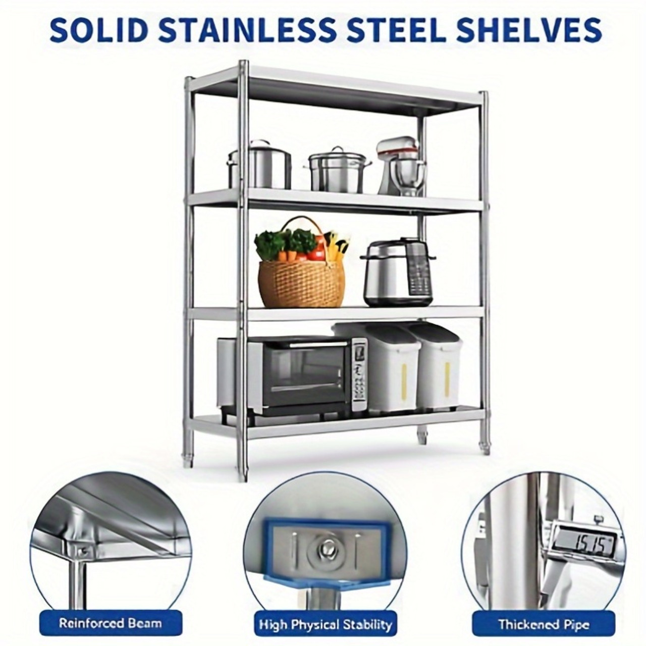 BreezeLodge 4- Tier Stainless Steel Shelving Unit, 48"x18"x60" Durable Storage for Kitchen, Garage, Office, Restaurant, Warehouse