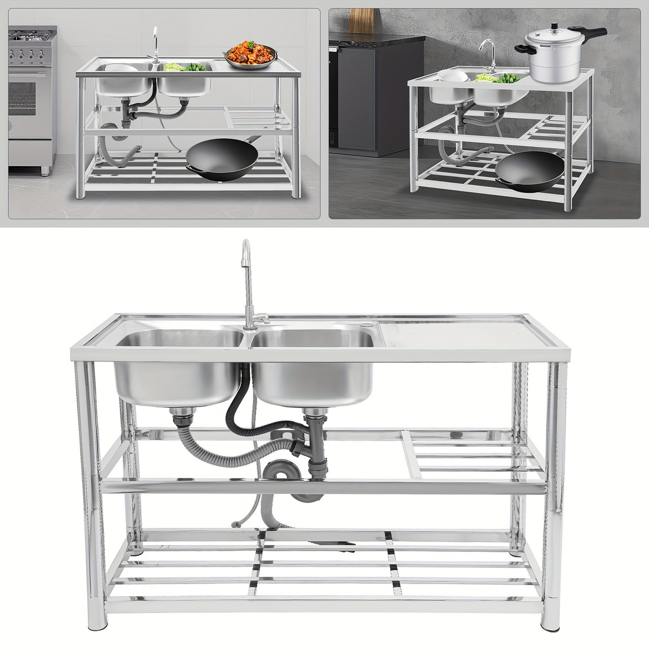 Free Standing Stainless-Steel Double Bowl Commercial Restaurant Kitchen Sink Set W/Faucet & Drainboard, Prep & Utility Washing Hand Basin W/Workbench & Double Storage Shelves Indoor Outdoor