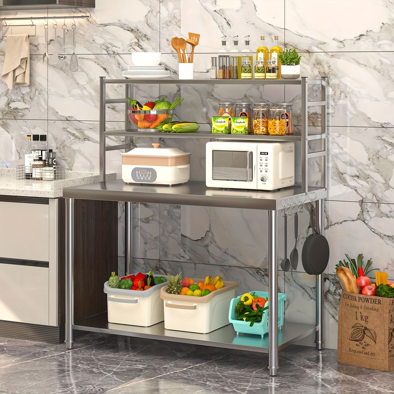 Stainless Steel Table With Overshelves 48"x24" With 2 Adjustable Tier Shelves Commercial Kitchen Prep Table Countertop Metal Work Table Workbench For Garage Home Restaurant Warehouse