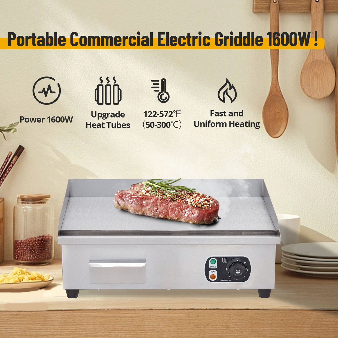 PioneerWorks 21" Commercial Electric Griddle With Temperature Control 122F-572F, 1600W Stainless Steel Electric Grill, Flat Top Countertop Griddle for Kitchen Restaurant, 110V 60HZ (No Plug)