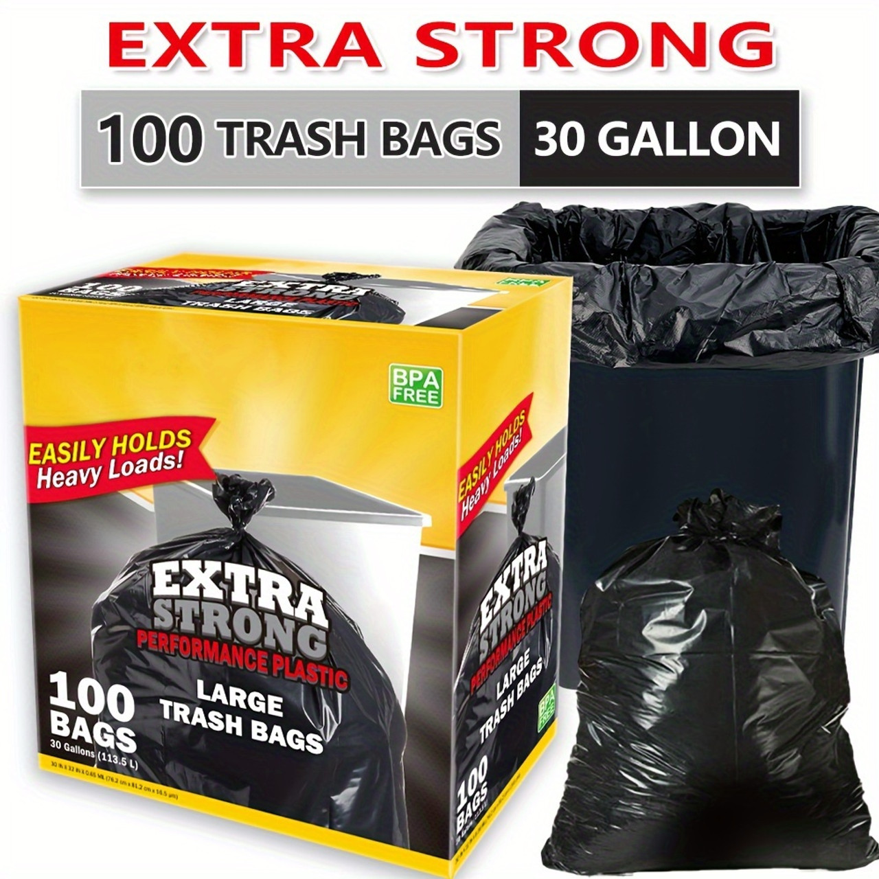 Box Of 100 Bags 30 Gallon Black Disposable Large Trash Bags For Large Kitchen Trash Can, Hefty Ultra Strong 100 Count 113.5L Multipurpose Cleaning Supplies For Industrial, Garden, Home, Commercial - Durable, Leak-Proof, Easy To Use