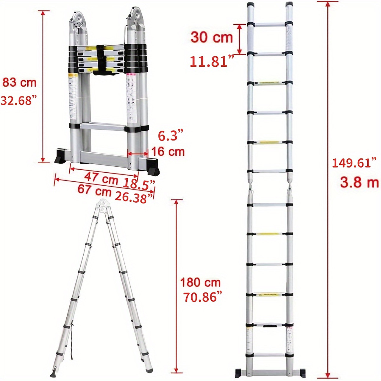 12.5ft/3.8M (1.9+1.9M) Aluminium Telescopic Step Ladder A-Frame/Straight Telescoping For Multi Purpose With Stabilizer Bar Anti-Slip Feet Portable For Home Household DIY Builder Supply Garden Roof Work Office