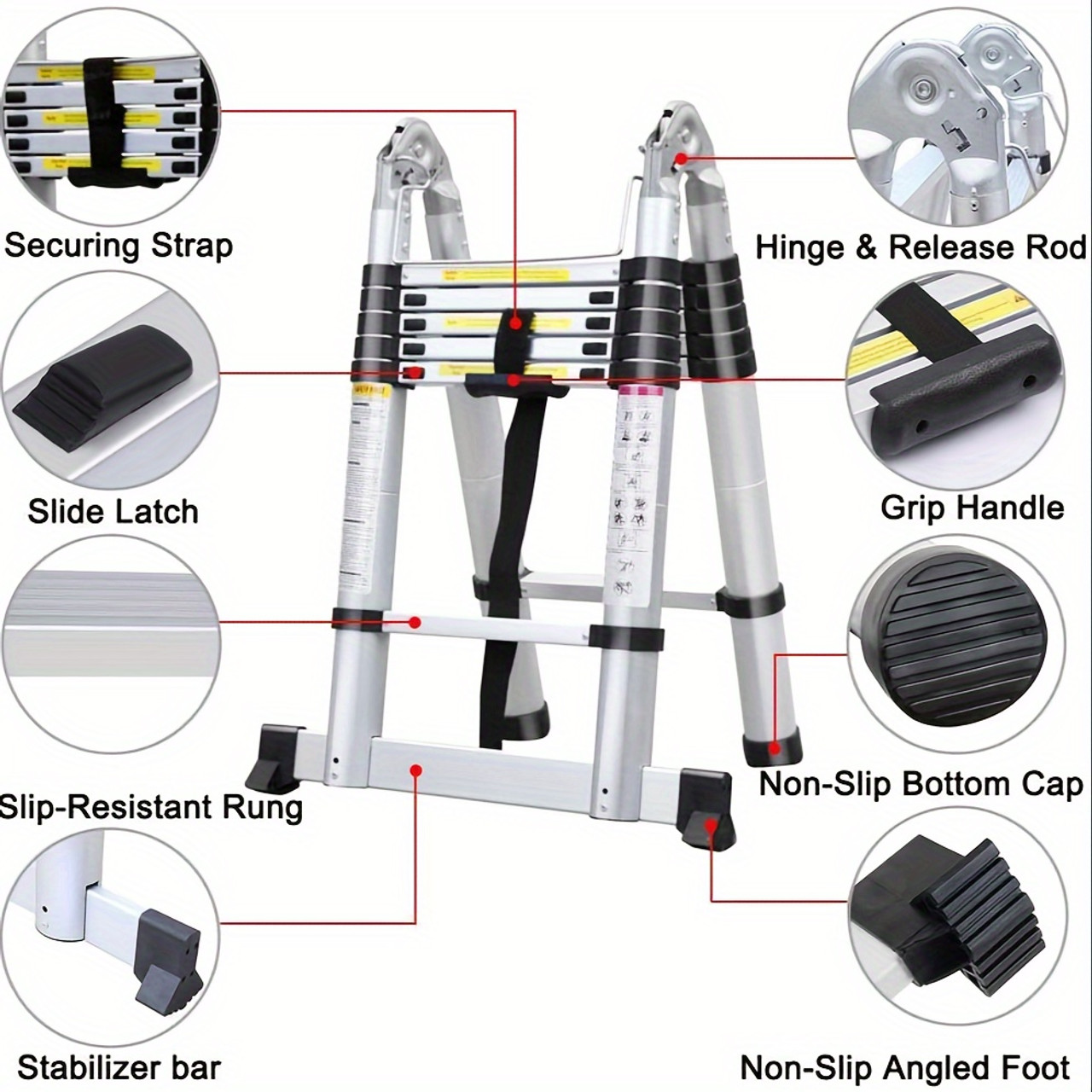 12.5ft/3.8M (1.9+1.9M) Aluminium Telescopic Step Ladder A-Frame/Straight Telescoping For Multi Purpose With Stabilizer Bar Anti-Slip Feet Portable For Home Household DIY Builder Supply Garden Roof Work Office