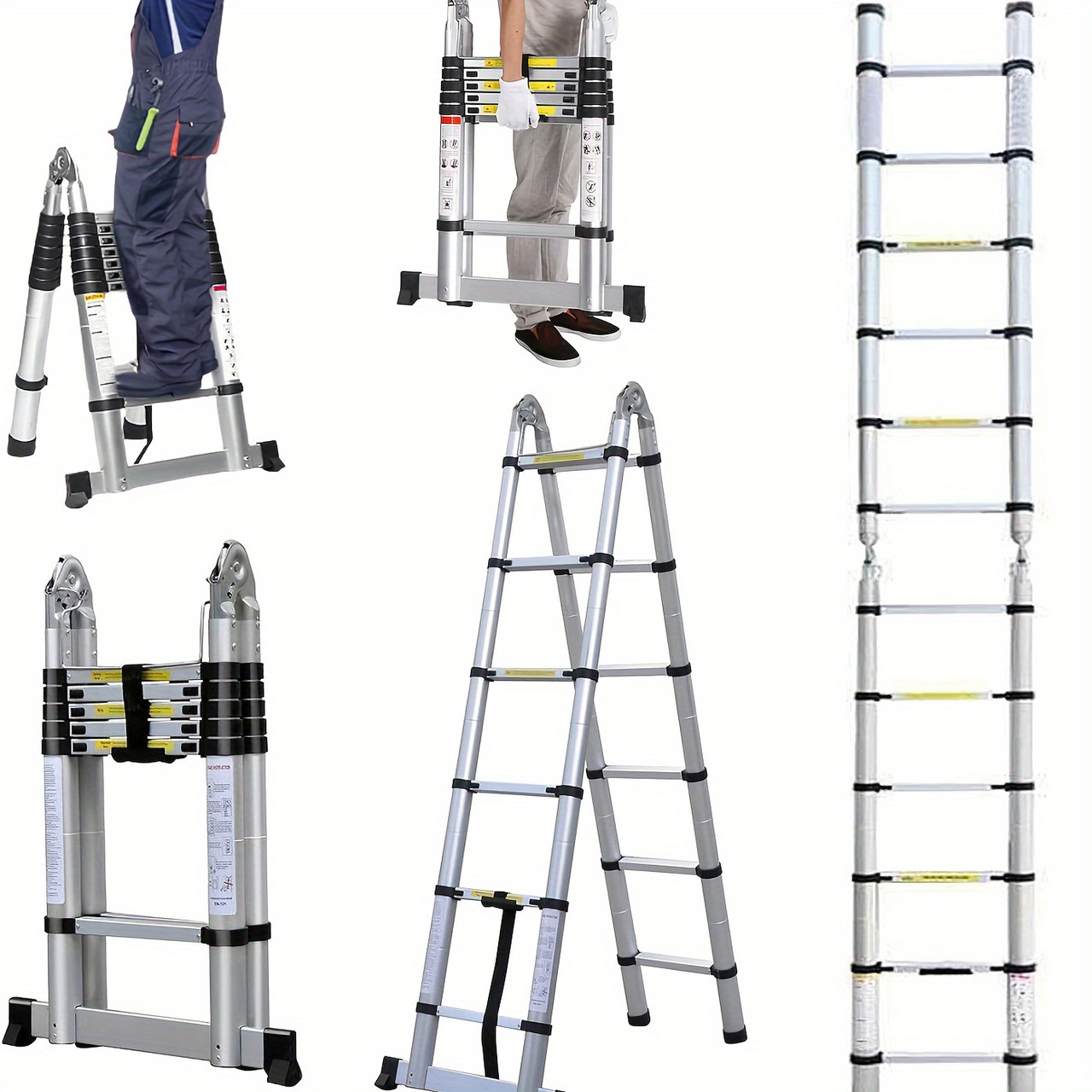 12.5ft/3.8M (1.9+1.9M) Aluminium Telescopic Step Ladder A-Frame/Straight Telescoping For Multi Purpose With Stabilizer Bar Anti-Slip Feet Portable For Home Household DIY Builder Supply Garden Roof Work Office
