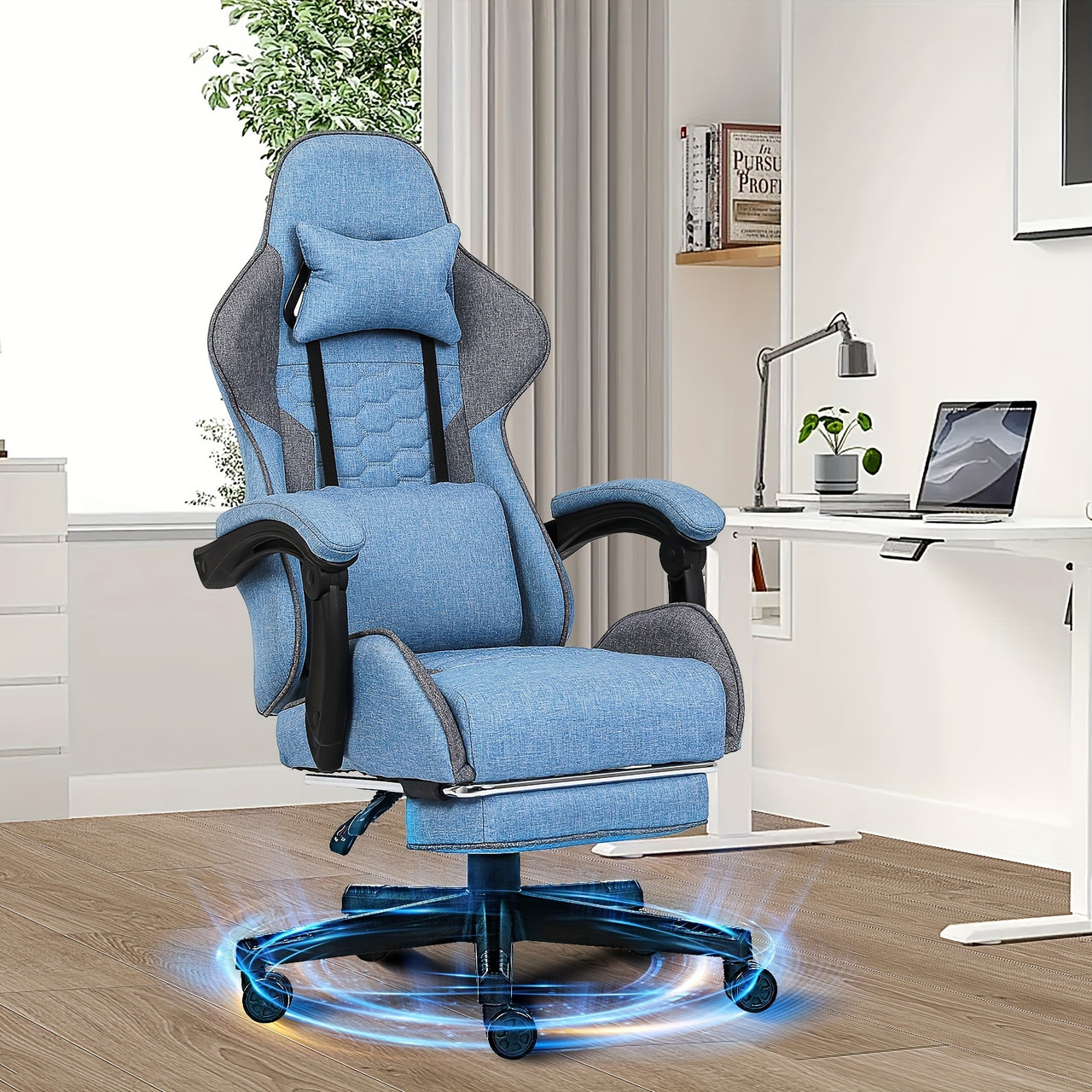 Gaming Chair Tech Fabric With Pocket Spring Cushion, Ergonomic Computer Chair With Linkage Armrests And Footrest, Comfortable Reclining Game Office Chair For Adult And Teen