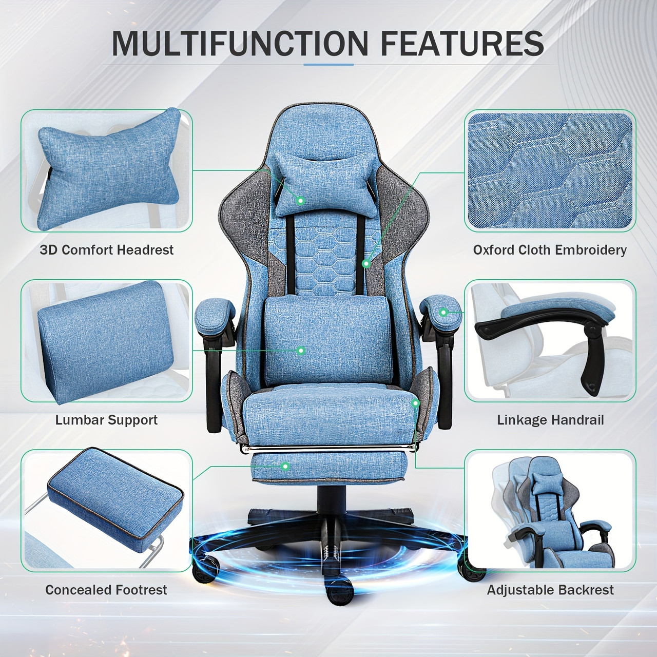 Gaming Chair Tech Fabric With Pocket Spring Cushion, Ergonomic Computer Chair With Linkage Armrests And Footrest, Comfortable Reclining Game Office Chair For Adult And Teen