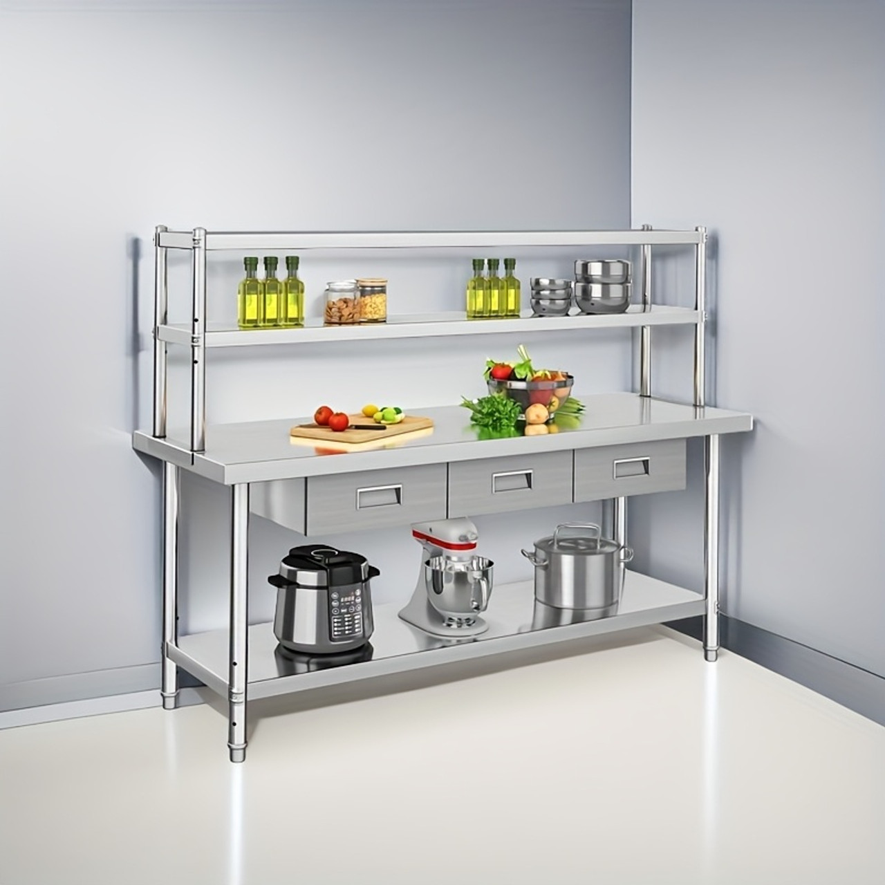 Stainless Steel Table with Overshelves & Drawers, 72" X 24" Work Table with 72" X 12" Shelf & 3 Drawers, Metal Table Prep Table