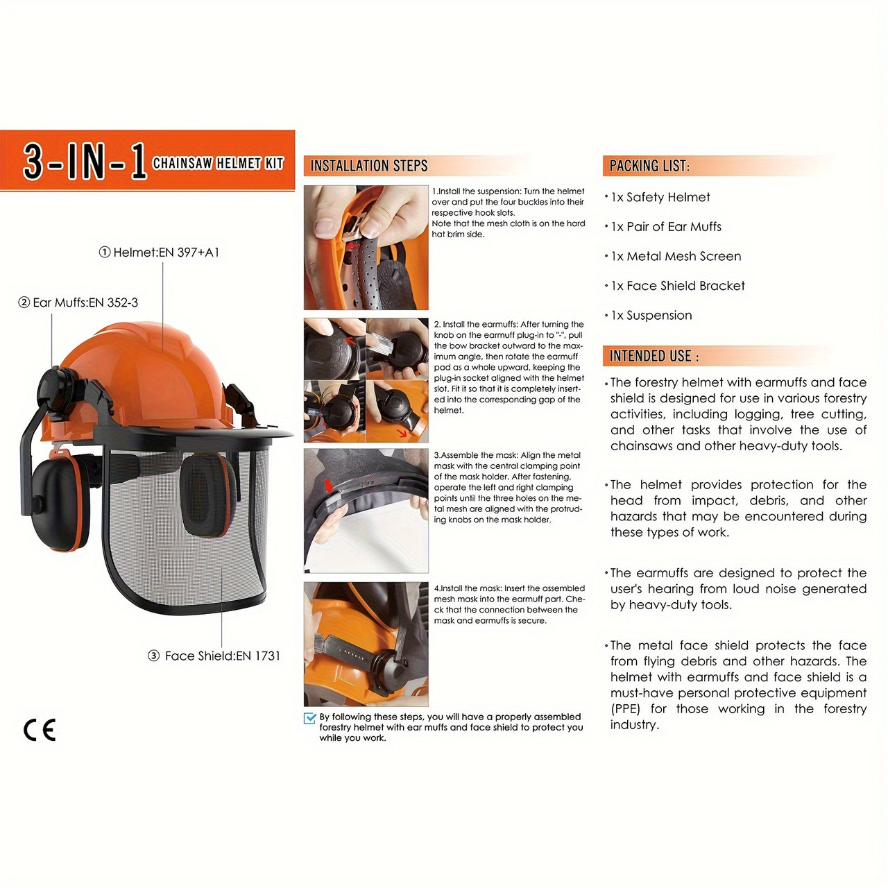 Industrial Forestry Safety Helmet with Adjustable Ear Muffs and Netted Face Shield - 23dB Hearing Protection, PP Material, Detachable Face Shield