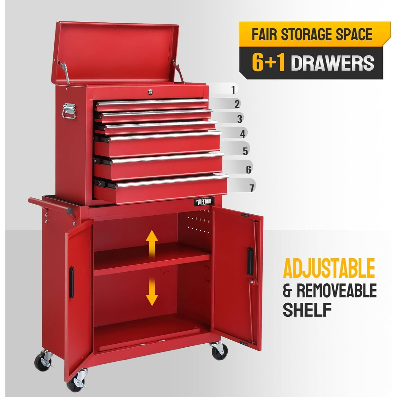 6 Drawers 3-in-1 Rolling Tool Chest, Heighten Tool Service Cart Storage Cabinet w/Wheels, Detachable Top, Tool Organizer Box for Garage, Warehouse & Repair Shop