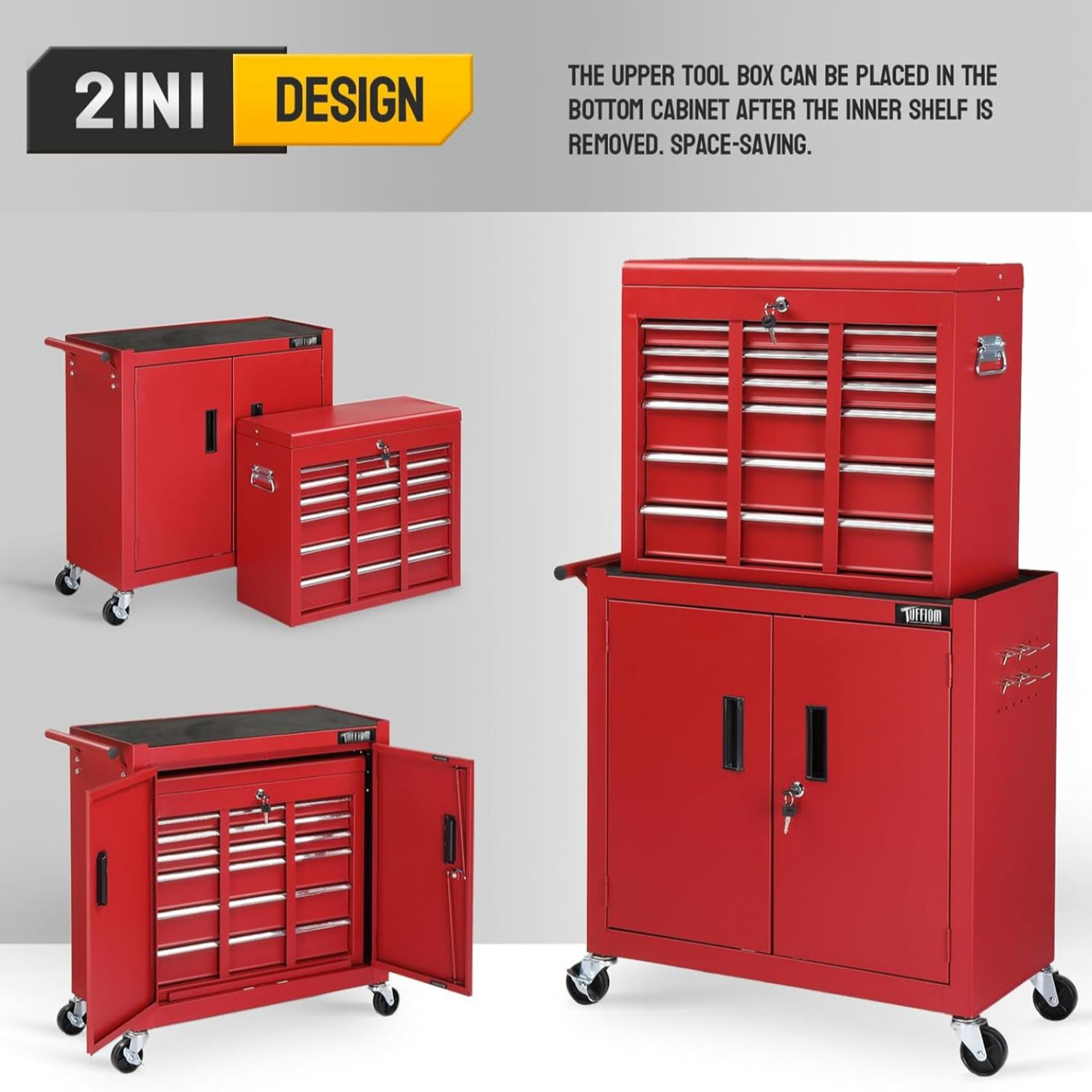 6 Drawers 3-in-1 Rolling Tool Chest, Heighten Tool Service Cart Storage Cabinet w/Wheels, Detachable Top, Tool Organizer Box for Garage, Warehouse & Repair Shop