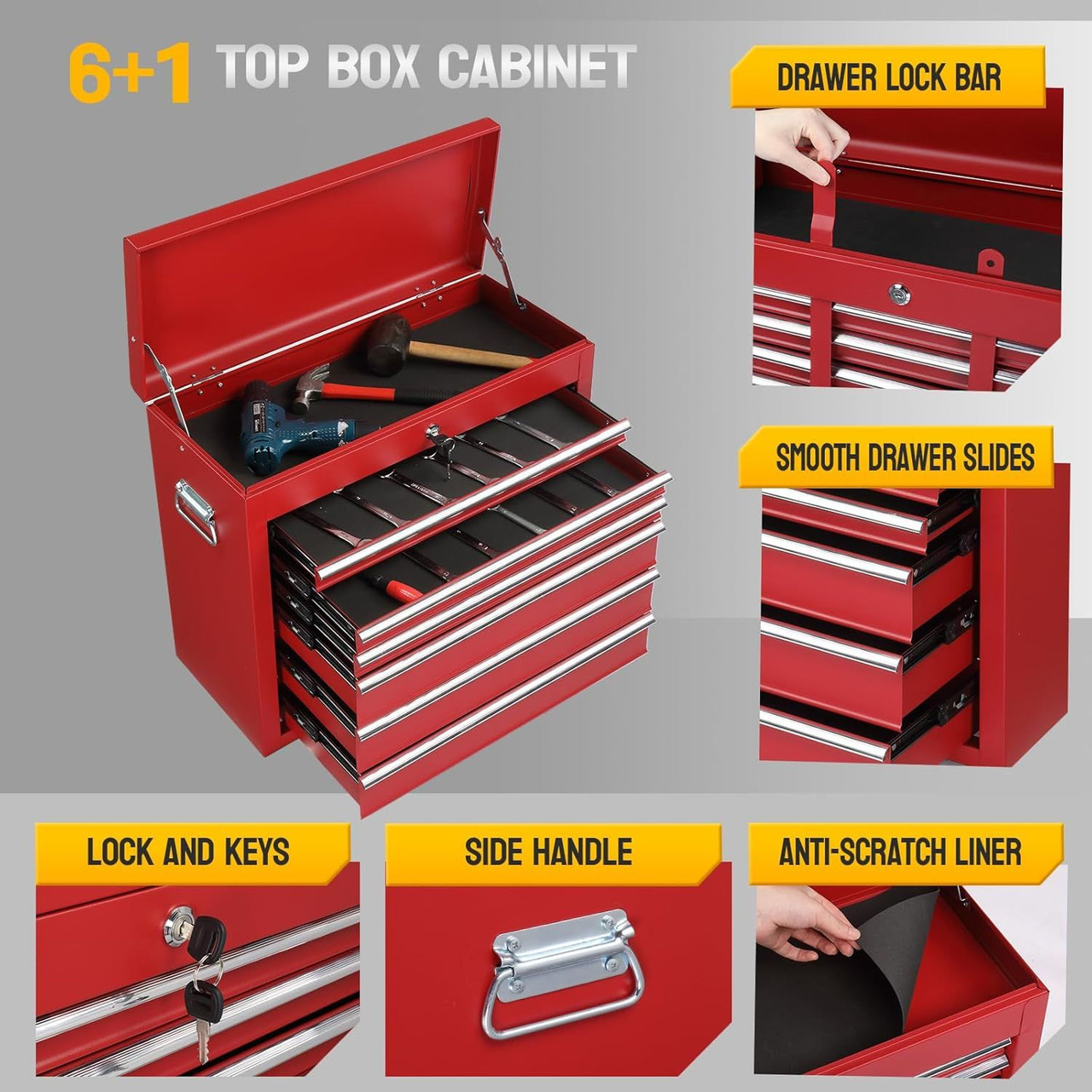 6 Drawers 3-in-1 Rolling Tool Chest, Heighten Tool Service Cart Storage Cabinet w/Wheels, Detachable Top, Tool Organizer Box for Garage, Warehouse & Repair Shop