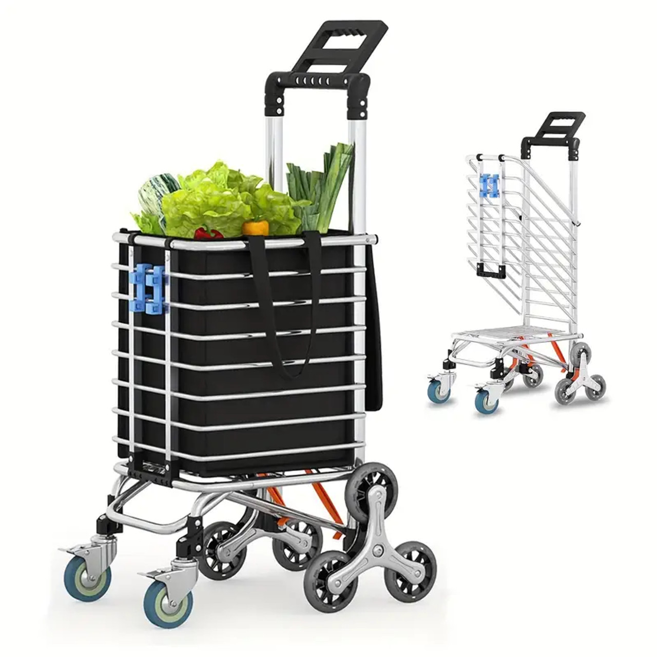 1pc Durable Metal Folding Shopping Cart with Brake Wheels, Lightweight Utility Trolley, Collapsible Grocery Cart for Laundry, Condo, Camping, and Transport Black color