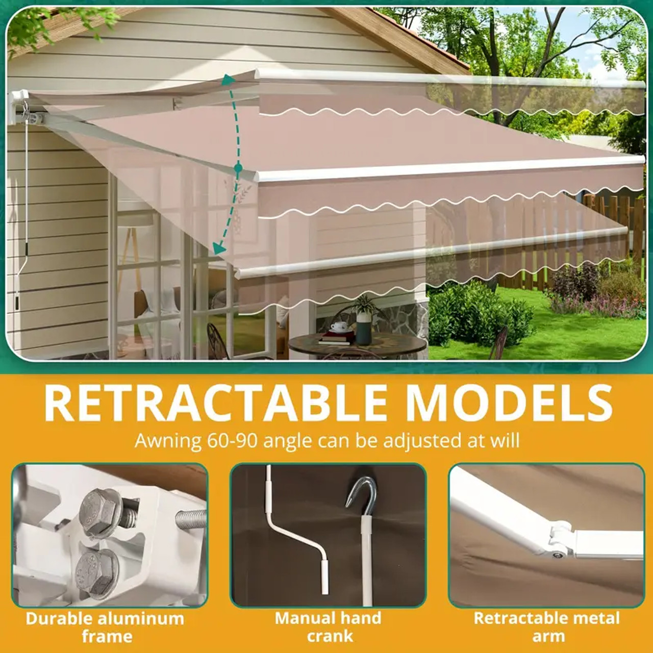 Patio Retractable Awning Sun Shade Shelter Cover, Outdoor Patio Awnings For Shop, Restaurant, Cafe, Courtyard, Balcony  13 X 8 FT