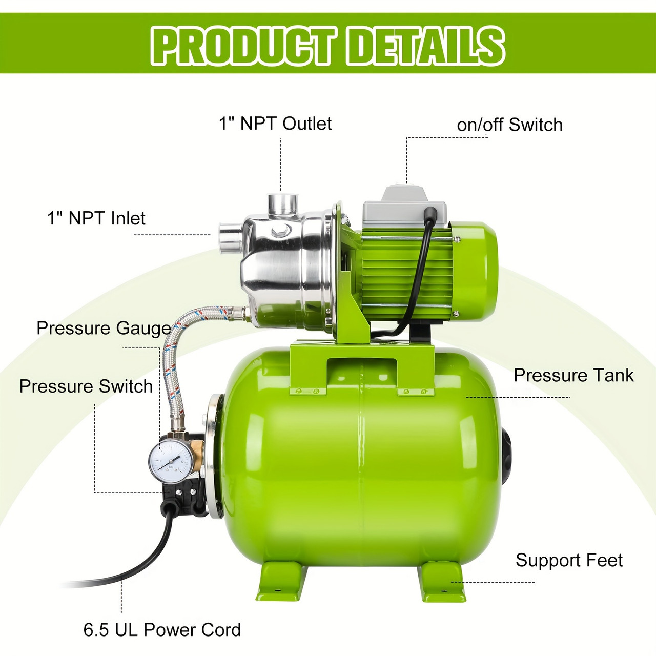 1.6HP Shallow Well Pump with Pressure Tank, 115v Stainless Steel Garden Irrigation Pump, Pressure Switch Automatic Water Pressure Booster Pump, Booster Jet Pump for Home, Garden, Lawn