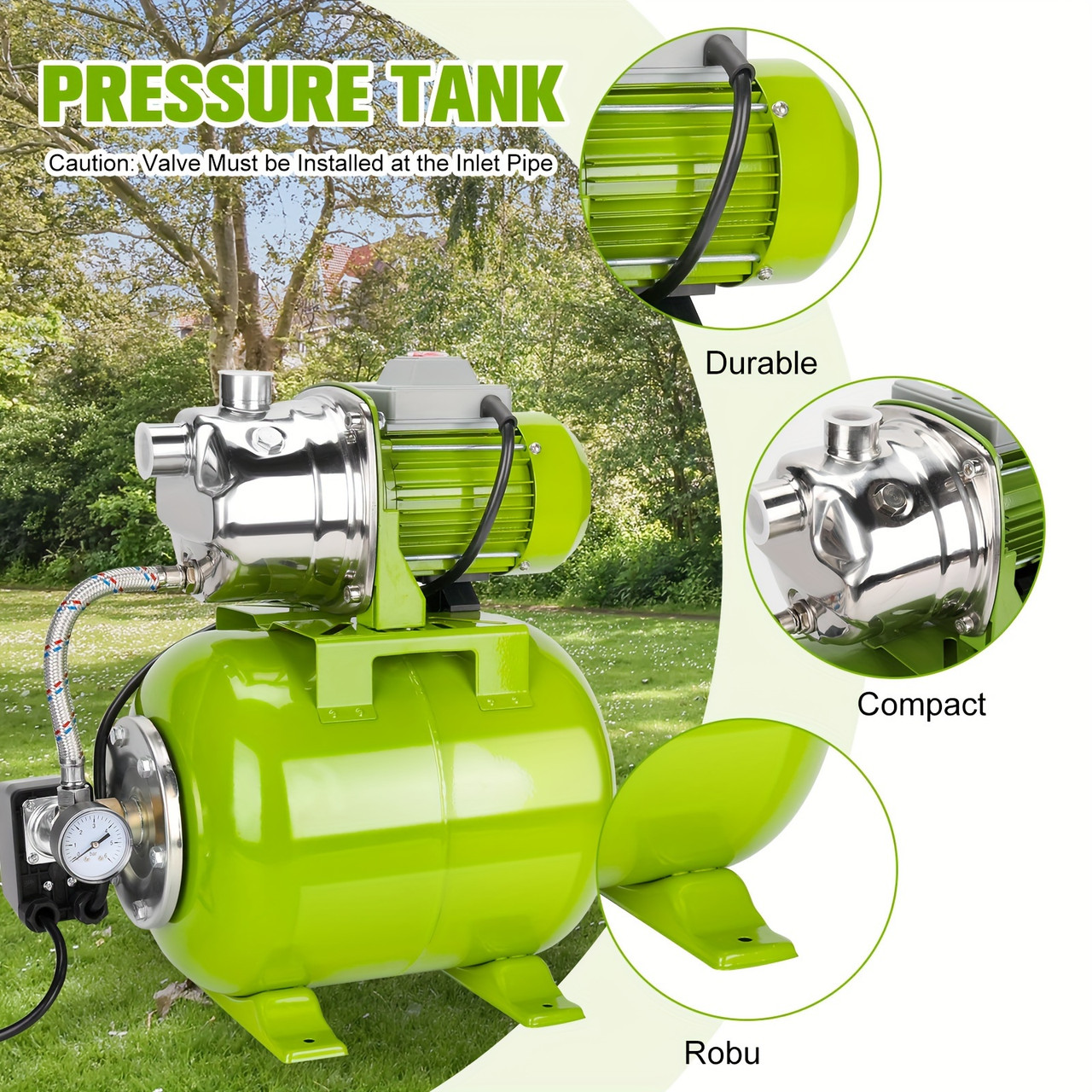 1.6HP Shallow Well Pump with Pressure Tank, 115v Stainless Steel Garden Irrigation Pump, Pressure Switch Automatic Water Pressure Booster Pump, Booster Jet Pump for Home, Garden, Lawn