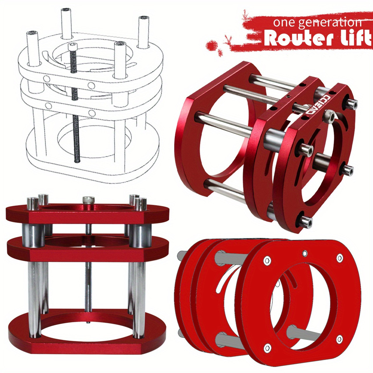 Aluminum Router Lift Table Base for 65mm Motors, Manual Elevating Tool Set with 4-Jaw Chuck, Non-Electrical Precision Height Adjustment Clamp for Woodworking