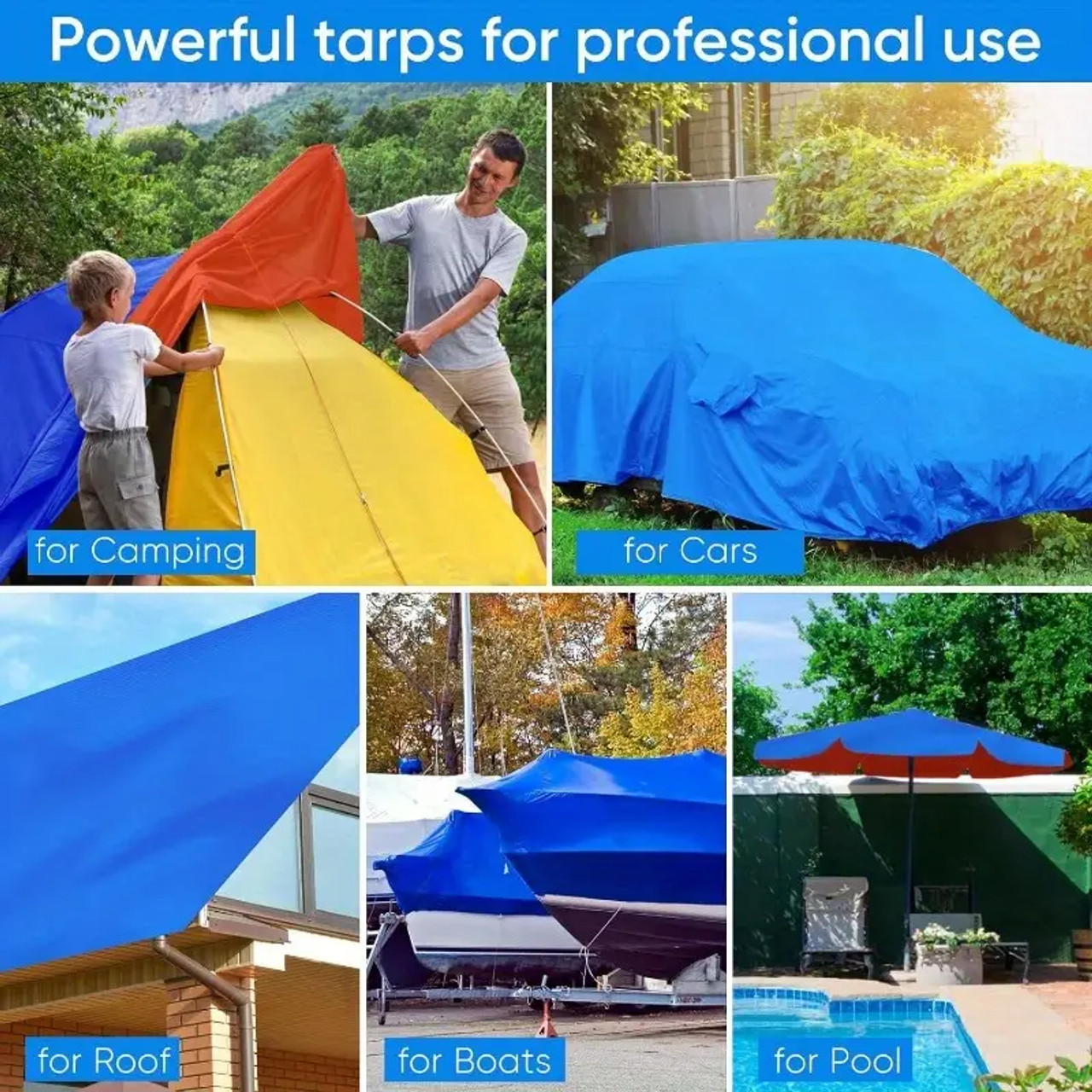 Heavy Duty Waterproof Tarp - Extra Thick 8 Mil, Tear & UV Resistant, Blue & Orange with Black Grommets, Reinforced Edges - Ideal for Camping, Patio, Pool, Boat, Car Size 16 x 20 ft