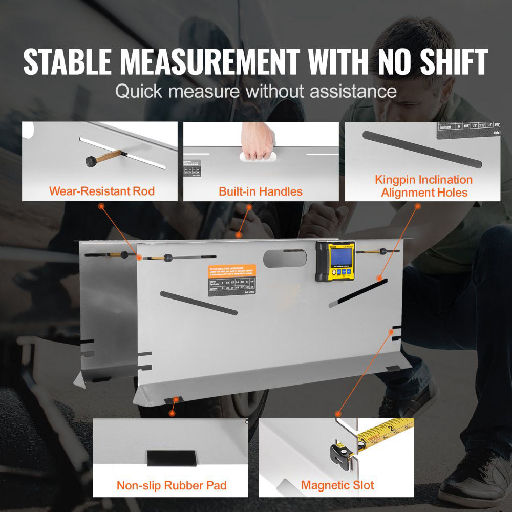 Wheel Alignment Tool, 2-Pack Toe Plates, Camber/Caster/Toe Gauge 0.1Â° Accuracy, Stainless Steel Tool Plate, Magnetic Slots and 6 Alignment Rods, Includes 2 Measuring Tapes & Conversion Chart