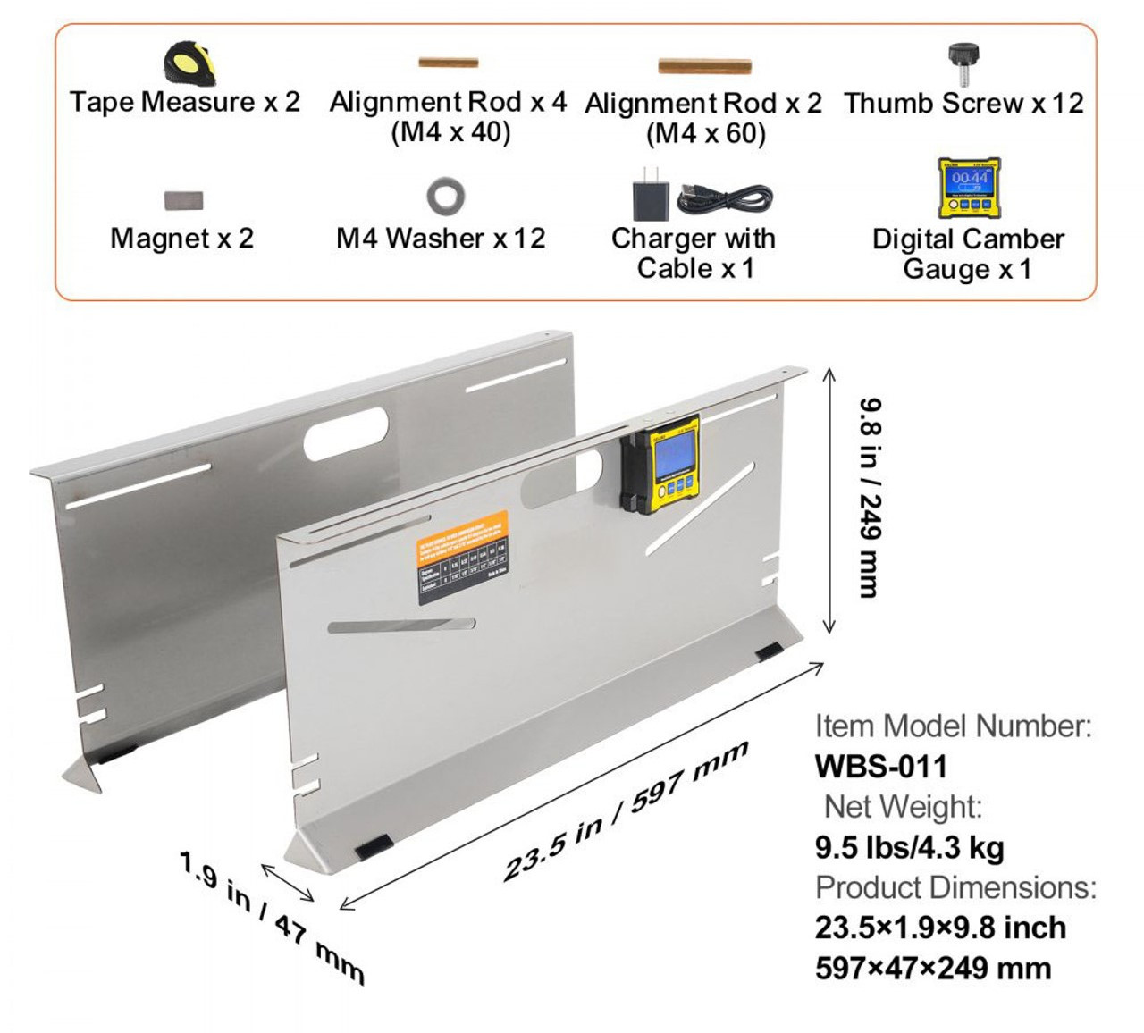 Wheel Alignment Tool, 2-Pack Toe Plates, Camber/Caster/Toe Gauge 0.1Â° Accuracy, Stainless Steel Tool Plate, Magnetic Slots and 6 Alignment Rods, Includes 2 Measuring Tapes & Conversion Chart