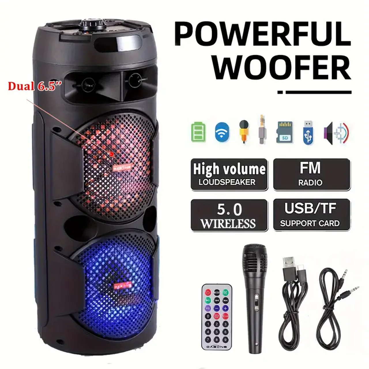 Portable Wireless PA Speaker System - Built In Rechargeable 1800mAh Battery Outdoor Wireless Party Speaker Portable PA System W/ Subwoofer, Wired Micphone, Party Lights, USB/AUX/FM Radio DJ 4000 W Duel 6.5 Speaker