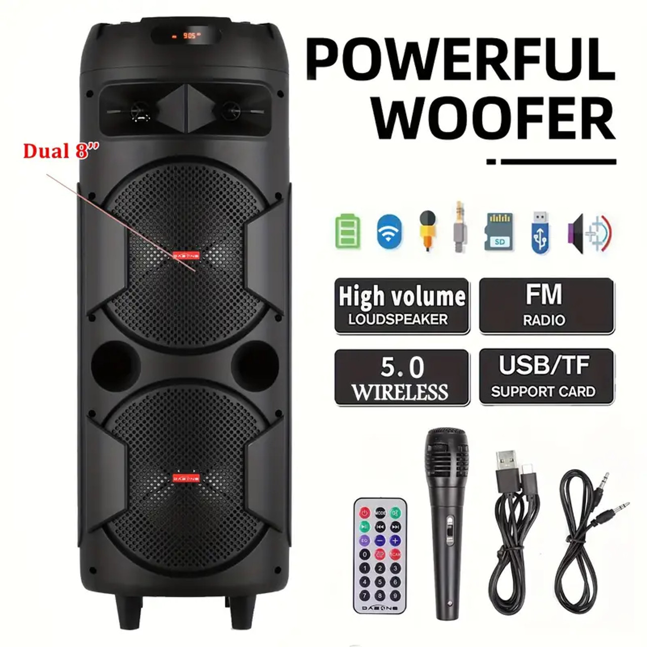 Portable Wireless PA Speaker System - Built In Rechargeable 1800mAh Battery Outdoor Wireless Party Speaker Portable PA System W/ Subwoofer, Wired Micphone, Party Lights, USB/AUX/FM Radio DJ 6000 W Duel 8 Speaker