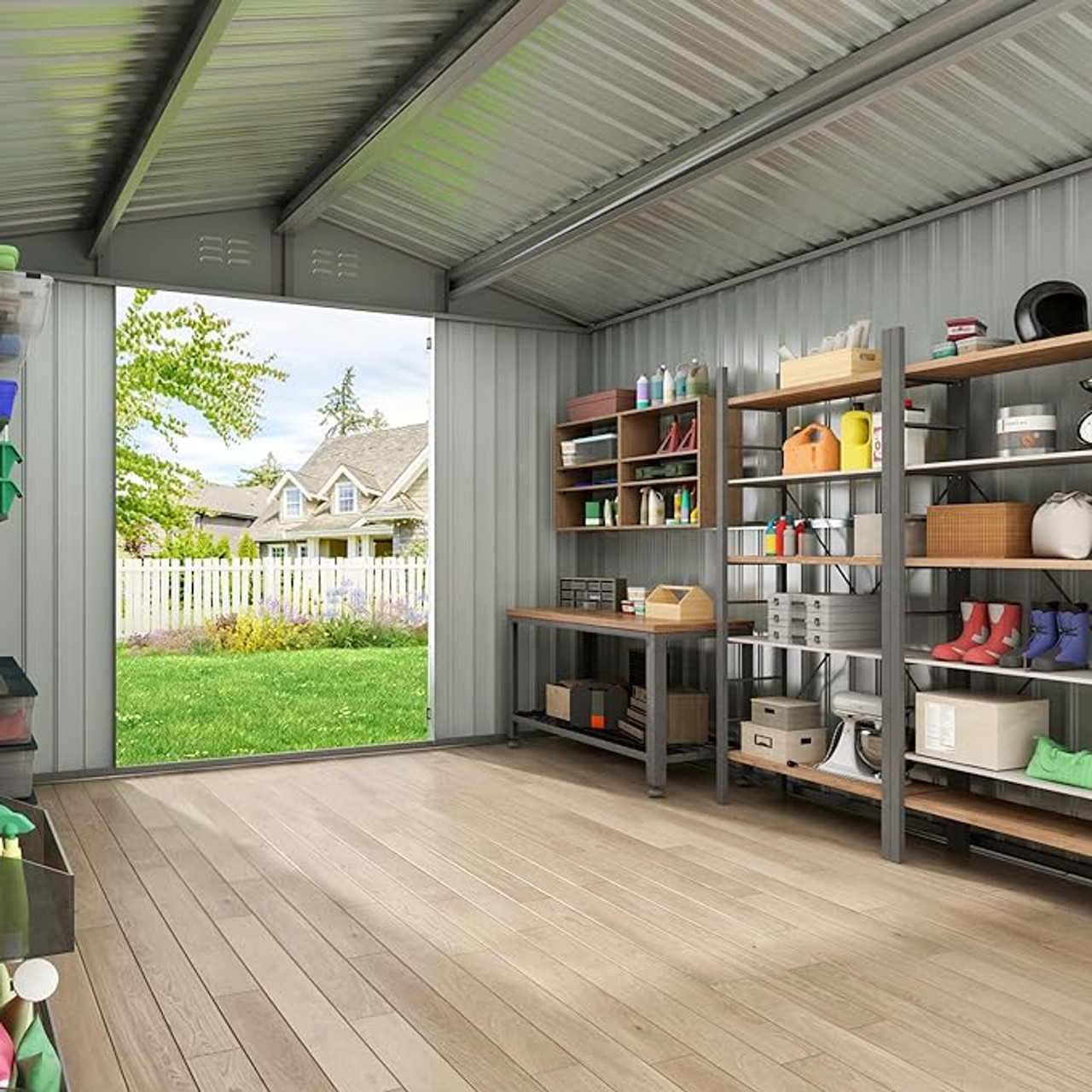 10x12 FT Outdoor Storage Shed, Large Metal Tool Sheds with Updated Frame Structure and Lockable Doors, Garden Shed