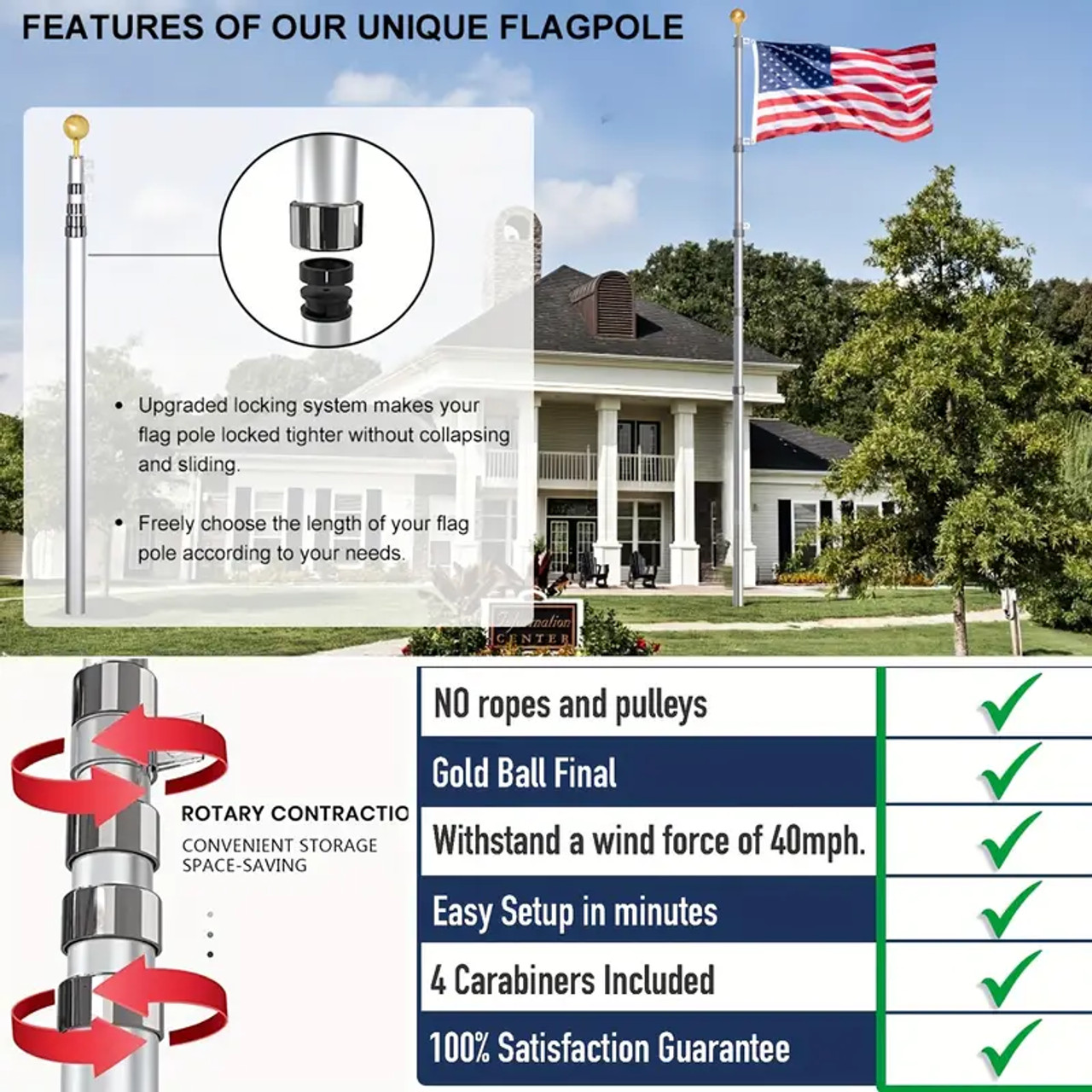 20FT Telescopic Flag Pole Kit For Outdoor In Ground, Extra Thick Black Telescoping Flagpole With 3X5FT US Flag Golden Ball Finial For Residential Or Commercial With Dual Flag Fly Silvery Color