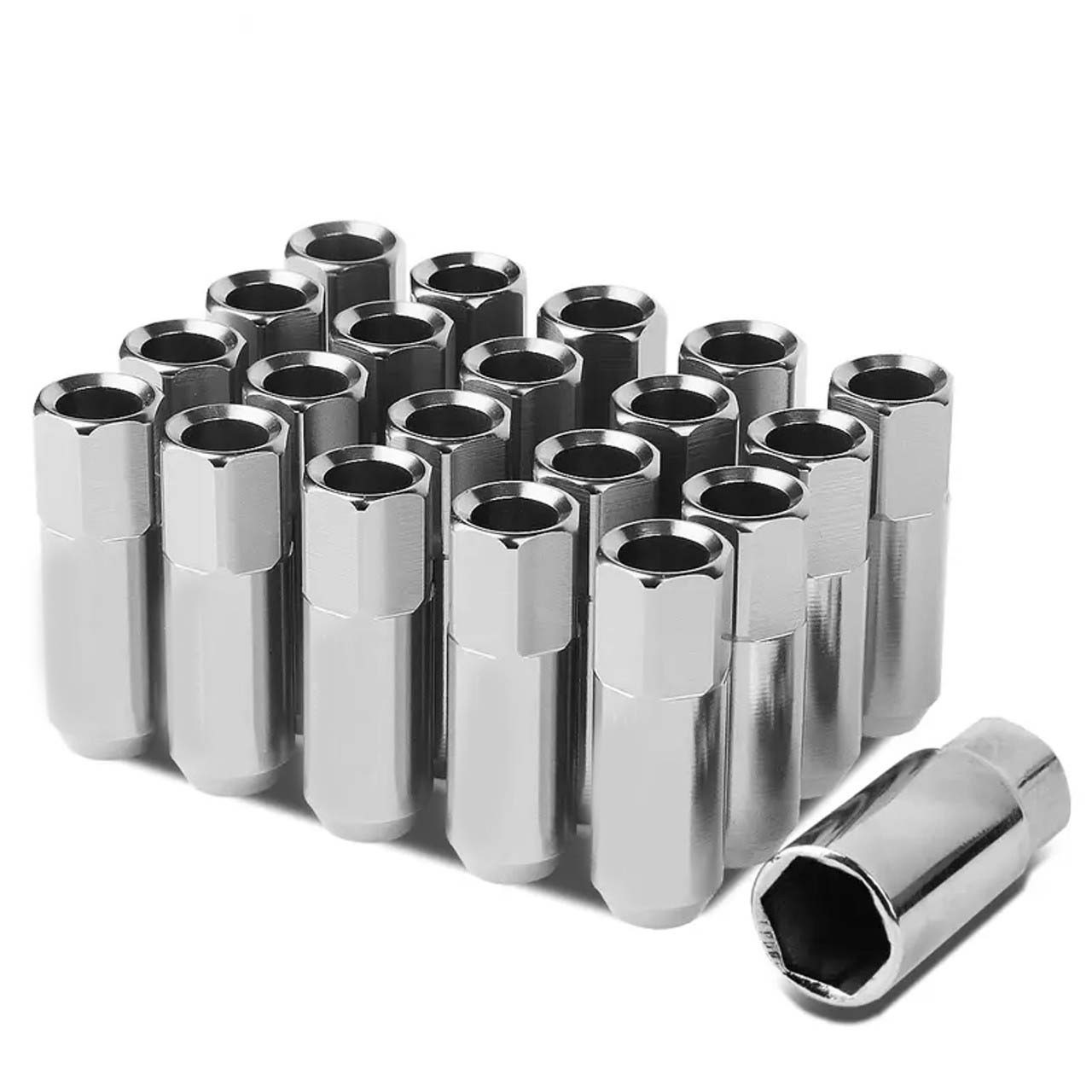 JDM Open-End Hexagon 20 Lug Nuts Set Adapter Key M12X1.25 25mm OD/60mm Tall Silver color