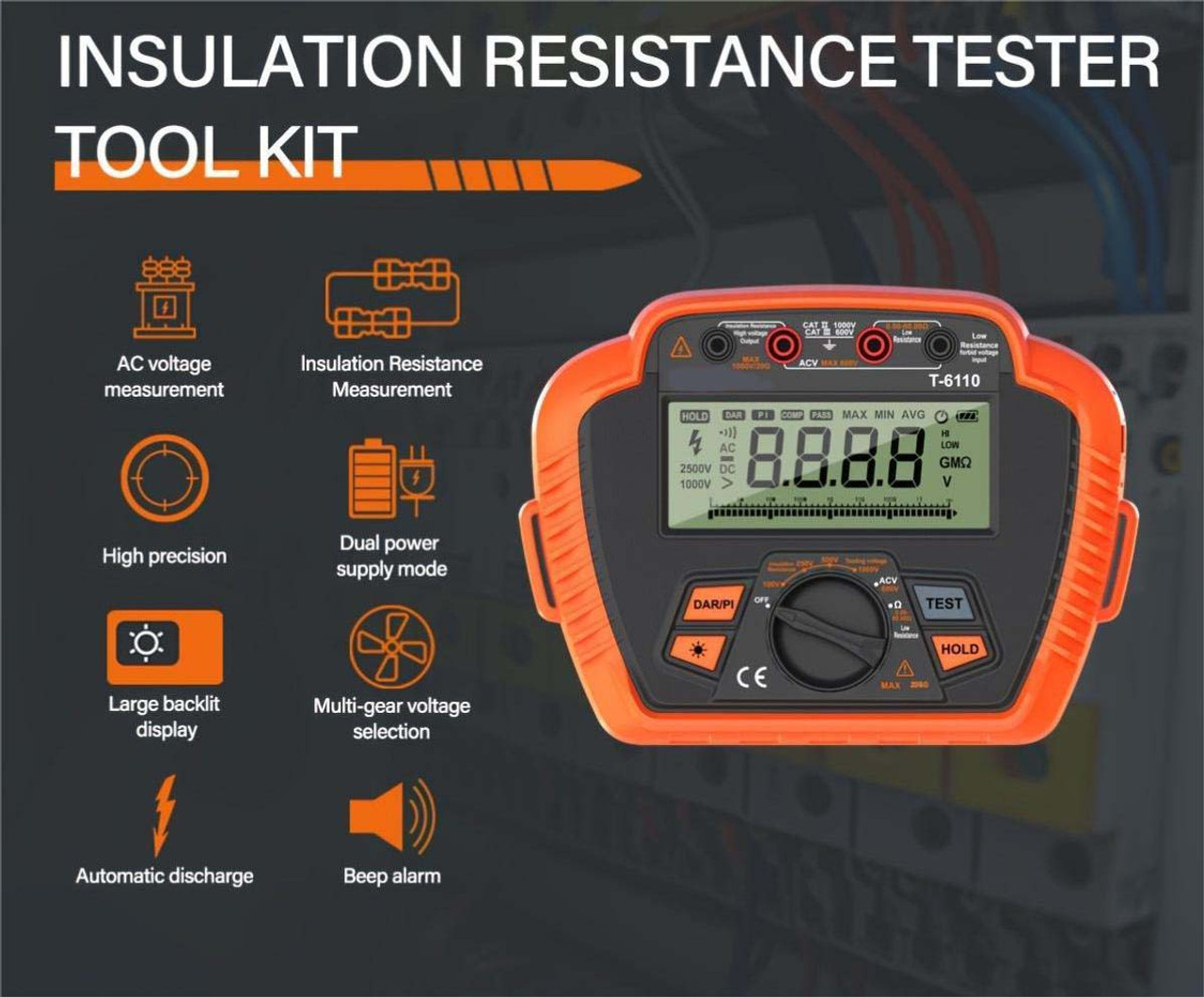 1pc Digital Insulation Resistance Tester - 1000V , Max 20GOhm/200GOhm, Portable Megohmmeter with Backlit LCD, Low Resistance Measurement, Absorption Ratio/Polarization Index, AA Battery Powered, Non-rechargeable, with Carry Bag