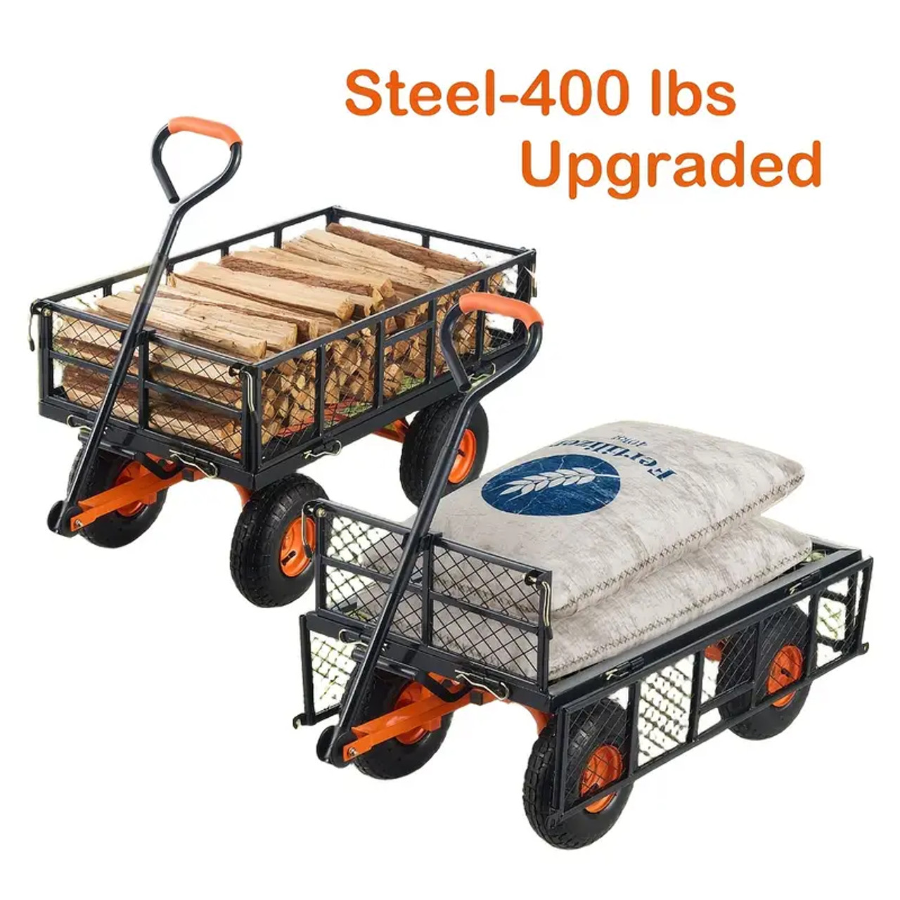 Heavy-Duty Steel Garden Dump Cart, 400lbs Capacity, with 2-in-1 Convertible Handle - Easy Pull & Carry, Removable Sides, Utility Liner, 10in All-Terrain Wheels - Ideal for Yard Work & Outdoor Projects
