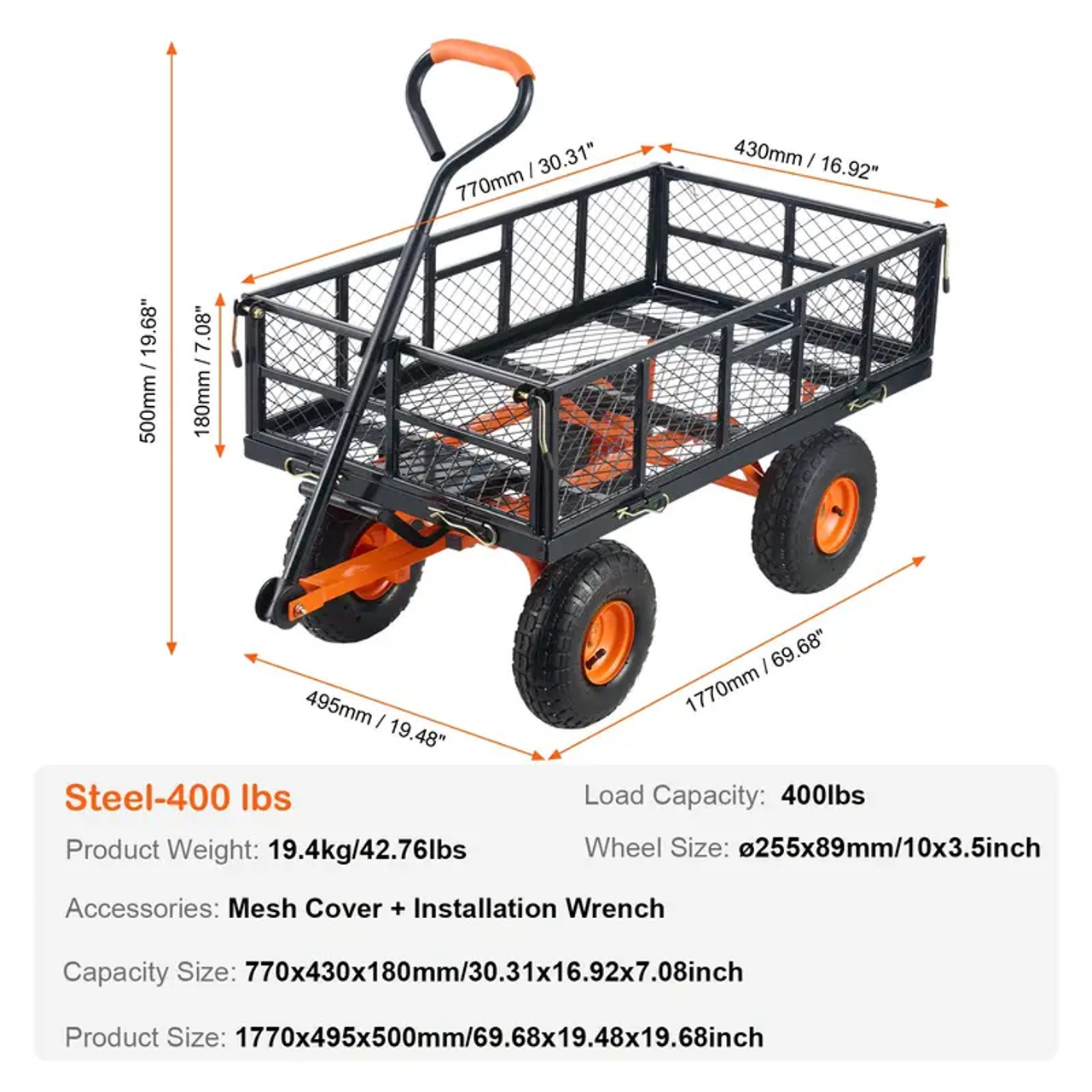 Heavy-Duty Steel Garden Dump Cart, 400lbs Capacity, with 2-in-1 Convertible Handle - Easy Pull & Carry, Removable Sides, Utility Liner, 10in All-Terrain Wheels - Ideal for Yard Work & Outdoor Projects