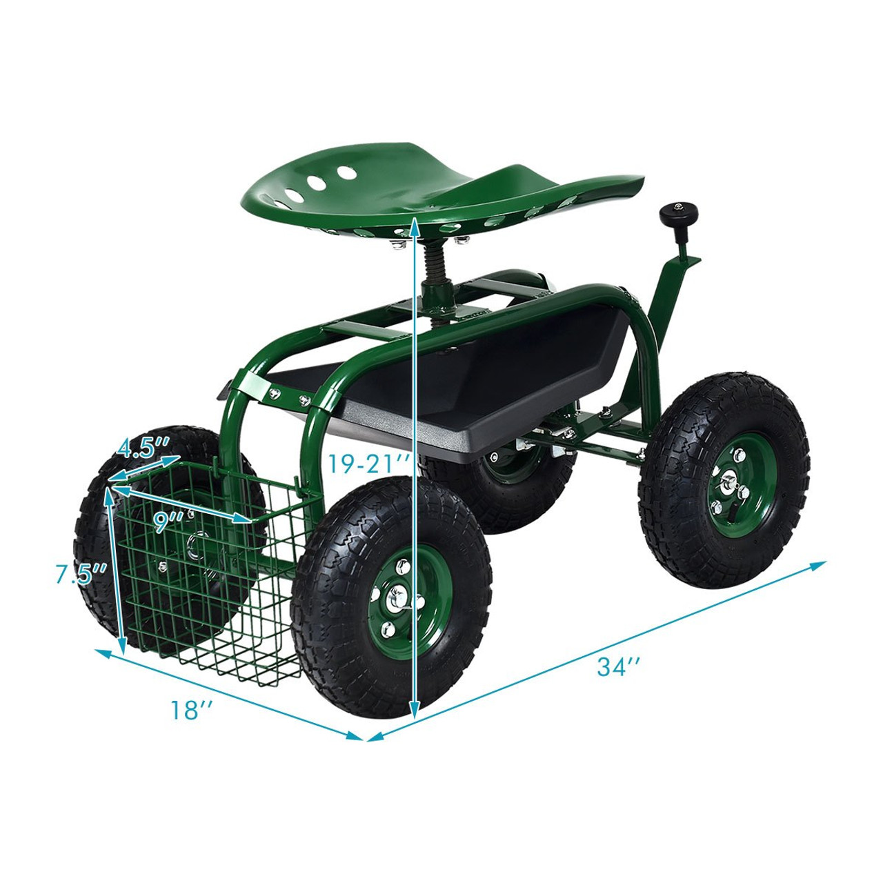 Steerable Garden Cart w/Extendable Handle, Storage Basket, Adjustable Seat, 2 Tool Trays & 4 Rubber Wheels, Garden Rolling Scooter, Heavy-duty Rolling Work Seat for Planting, Green