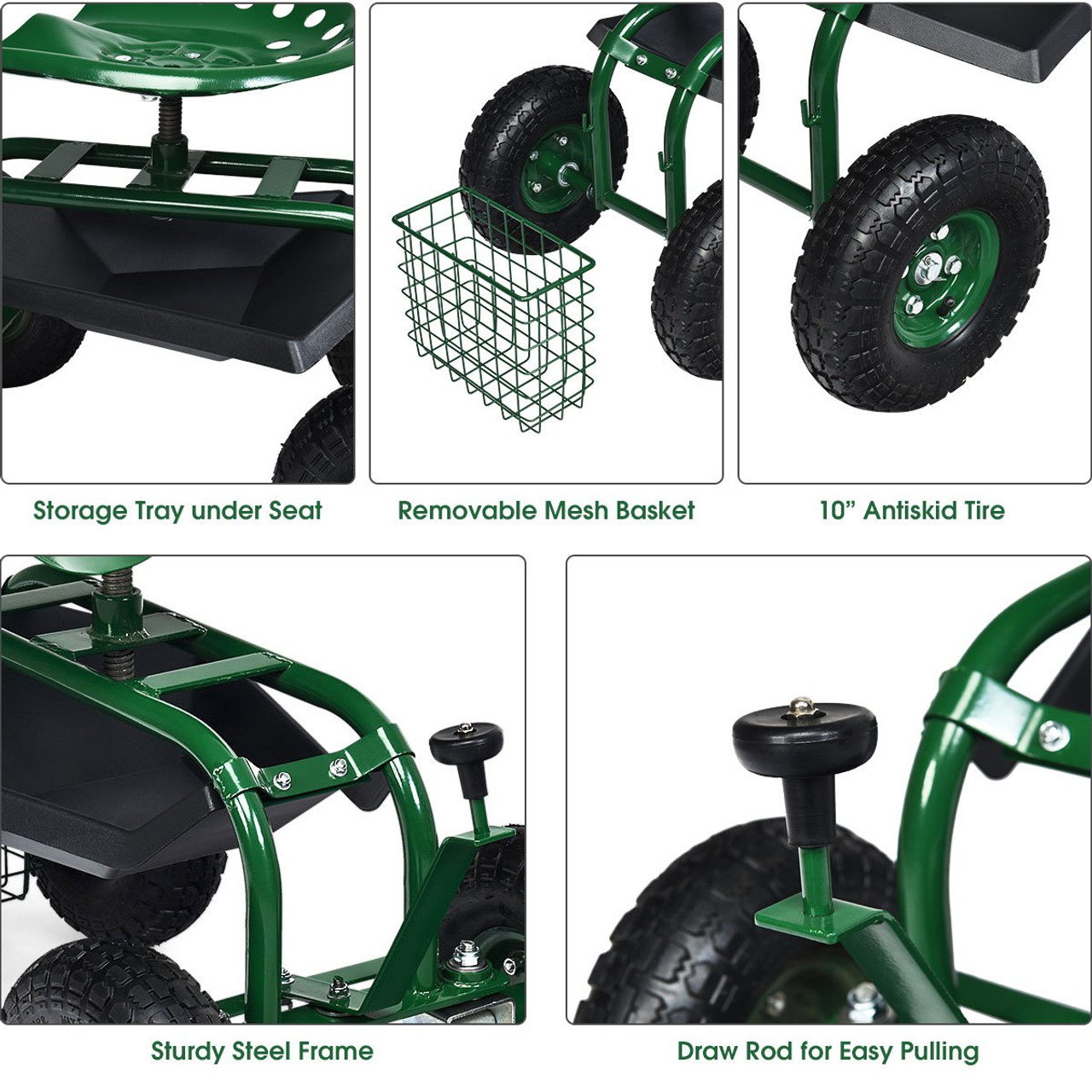 Steerable Garden Cart w/Extendable Handle, Storage Basket, Adjustable Seat, 2 Tool Trays & 4 Rubber Wheels, Garden Rolling Scooter, Heavy-duty Rolling Work Seat for Planting, Green