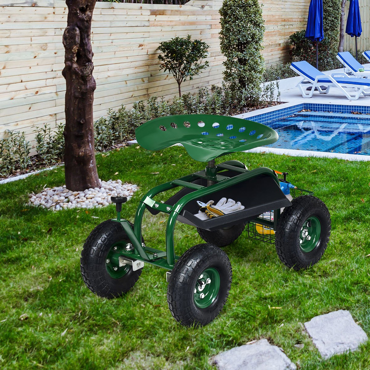 Steerable Garden Cart w/Extendable Handle, Storage Basket, Adjustable Seat, 2 Tool Trays & 4 Rubber Wheels, Garden Rolling Scooter, Heavy-duty Rolling Work Seat for Planting, Green