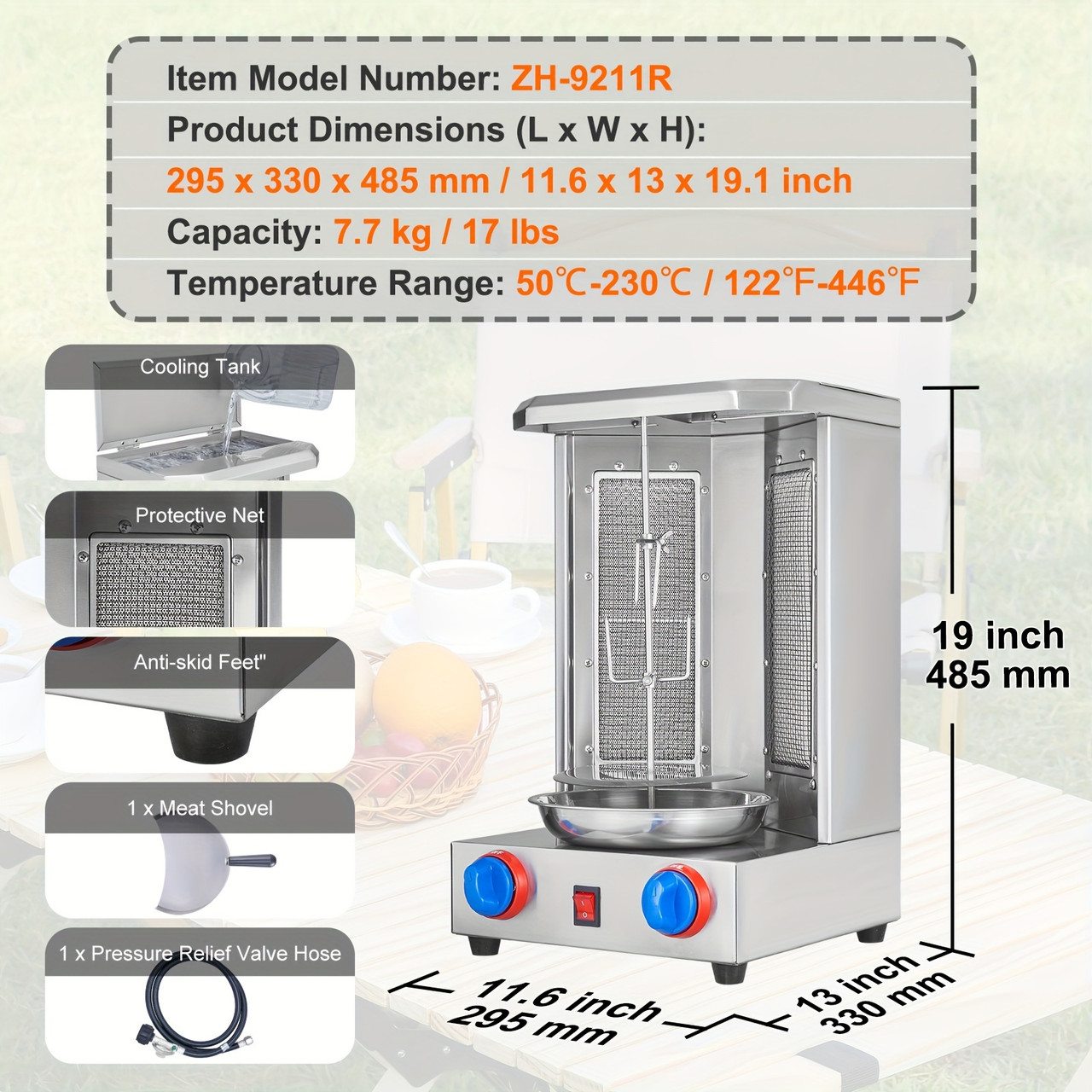 Shawarma Grill Machine, 13 Lbs Capacity, Chicken Shawarma Cooker Machine With 2 Burners, Electric Vertical Broiler Gyro Rotisserie Oven Doner Kebab Machine, For Home Restaurant Kitchen Parties