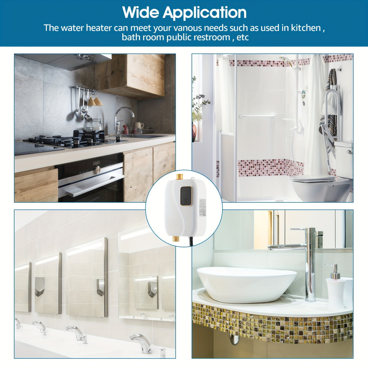 3000W Tankless Hot Water Heater with LED Display, Instant Heating, Easy Installation for Kitchen & Bathroom, Durable Stainless Steel, Adjustable Temperature Control, Heaters for Indoor Use