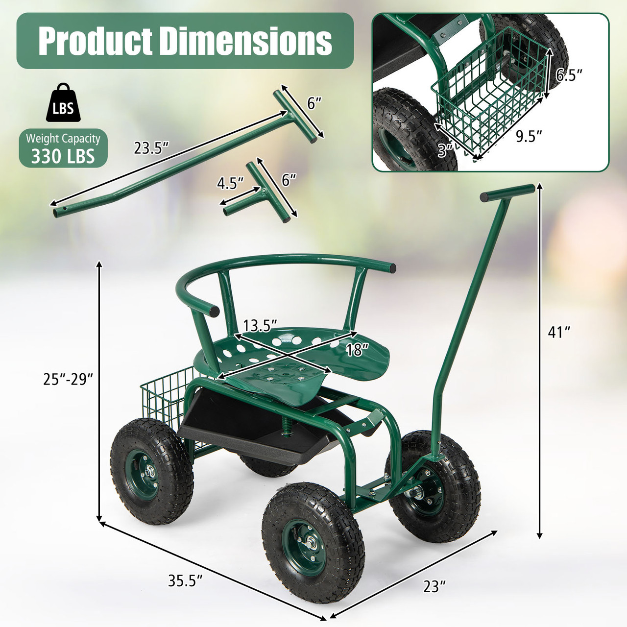 Garden Cart Work seat, Rolling Height Adjustable Garden Stool Cart with 360Â° Swivel Seat & Cushion, 2 Steering Handles, Heavy Duty Garden Wagon Scooter w/ Basket & Tool Tray, Green