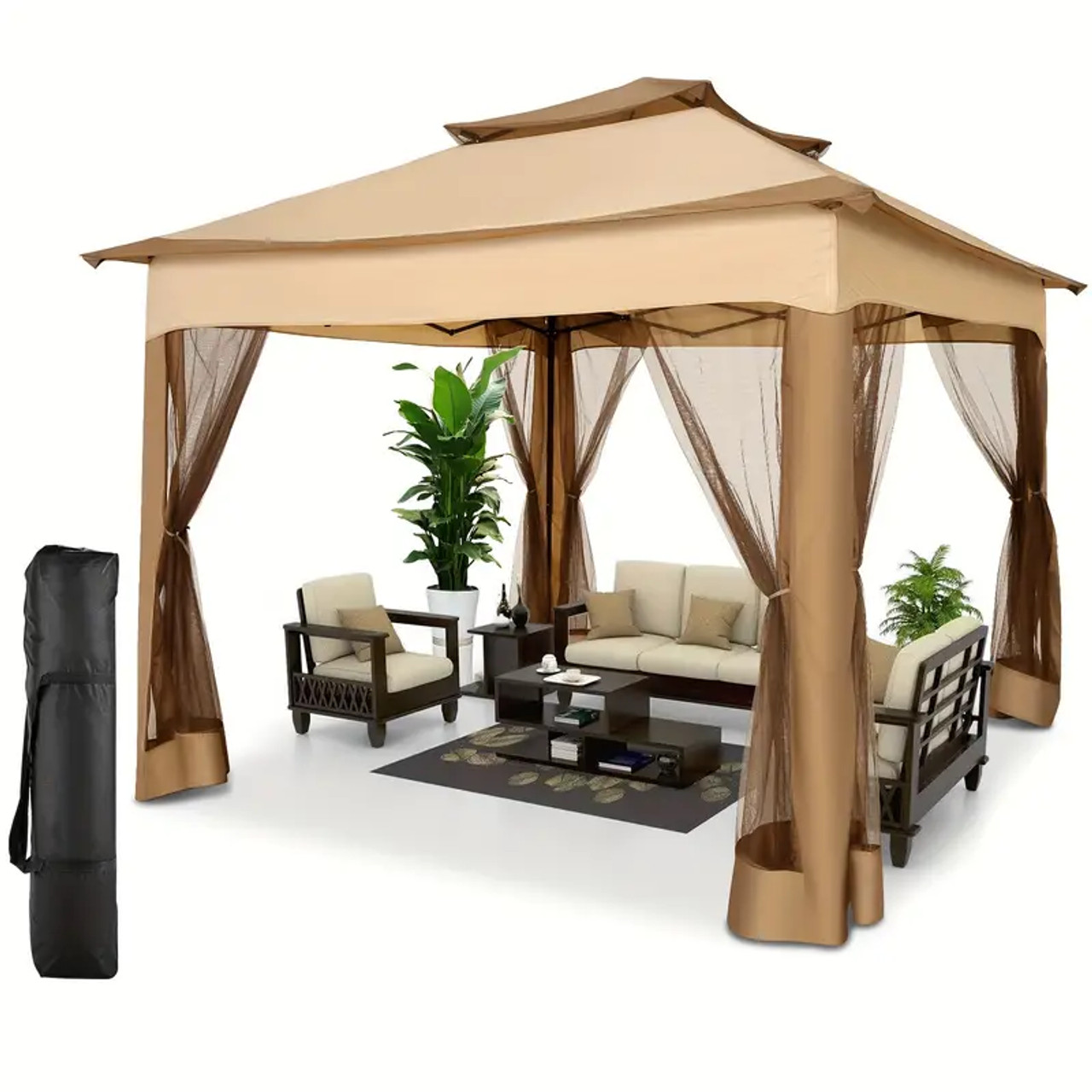 10x10 Pop Up Gazebo with Mosquito Nettings, Waterproof Outdoor Gazebo, with Sidewalls Patio Gazebo Tent for Backyard, Garden, Lawn, Parties with Vented Roof and Carry Bag Dark Brown+Light Brown Color