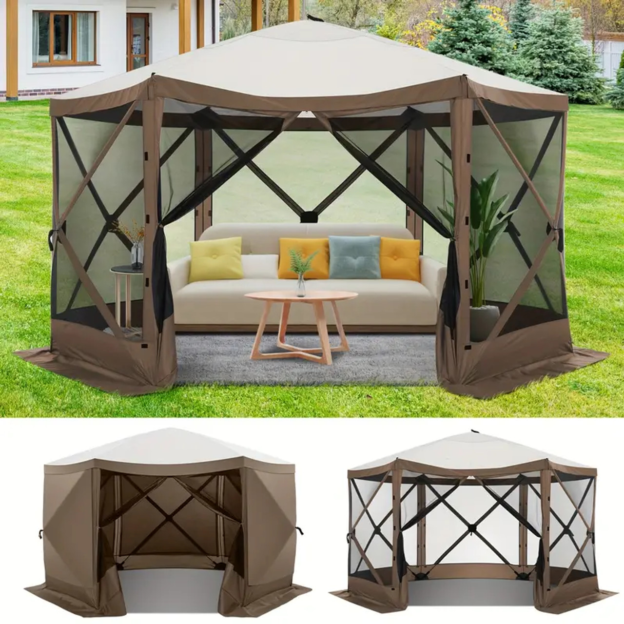 12x12ft Pop Up Gazebo Screen House Tent with Sidewalls for Camping, 6 Sides Pop-up Canopy Shelter Tent Easy-Set Portable Gazebo with Carry Bag for Outdoor Parties, Lawn And Backyard, Sun Shelter for Beach And Outdoor Camping Brown Color