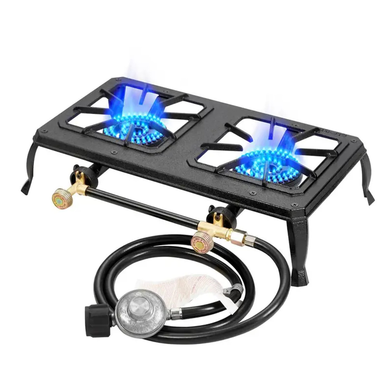 [Double Burner Cast Iron Camping Stove HT-C-0012] Double Burner Cast Iron Flame Camping Stove, Include CSA Listed Regulator And Gas Hose