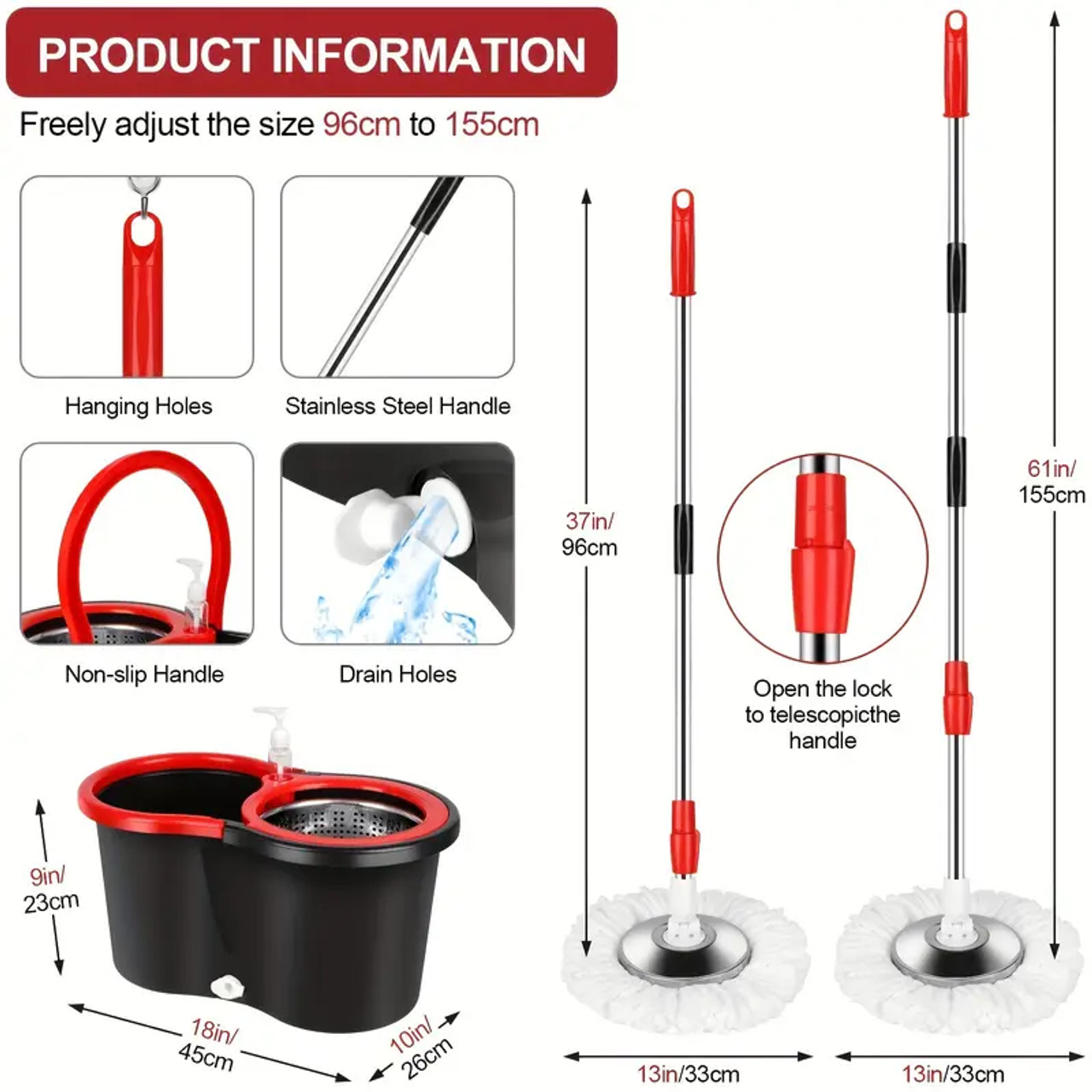 [3 Microfiber Mop Replacement Heads] Mop Bucket Set, Spin Mop And Bucket And Wringer Set, Bathroom Mop Bucket, 360° Spin Mop Bucket System With 3 Microfiber Mop Replacement Heads And 61in Stainless Steel Adjustable Handle  Upgrade Black Color