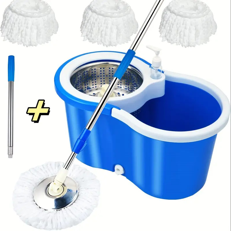 [3 Microfiber Mop Replacement Heads] Mop Bucket Set, Spin Mop And Bucket And Wringer Set, Bathroom Mop Bucket, 360Â° Spin Mop Bucket System With 3 Microfiber Mop Replacement Heads And 61in Stainless Steel Adjustable Handle  Upgrade Blue Color