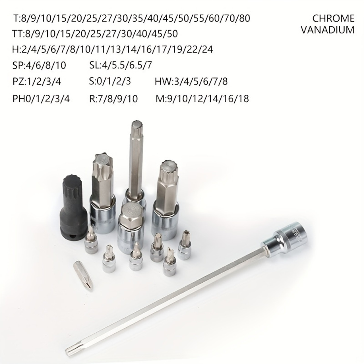 102pcs socket bit tool set, bit SL4-6.5, H7-10, PH1-4, PZ1-4, T20-45, TT40-50, long socket T40-80, M9-16, H5-13, R7-9, short socket. strong and durable. Complete set, Can be used with pneumatic impact wrenches, power tools, etc
