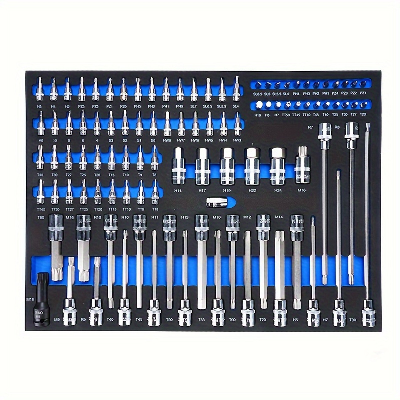 102pcs socket bit tool set, bit SL4-6.5, H7-10, PH1-4, PZ1-4, T20-45, TT40-50, long socket T40-80, M9-16, H5-13, R7-9, short socket. strong and durable. Complete set, Can be used with pneumatic impact wrenches, power tools, etc
