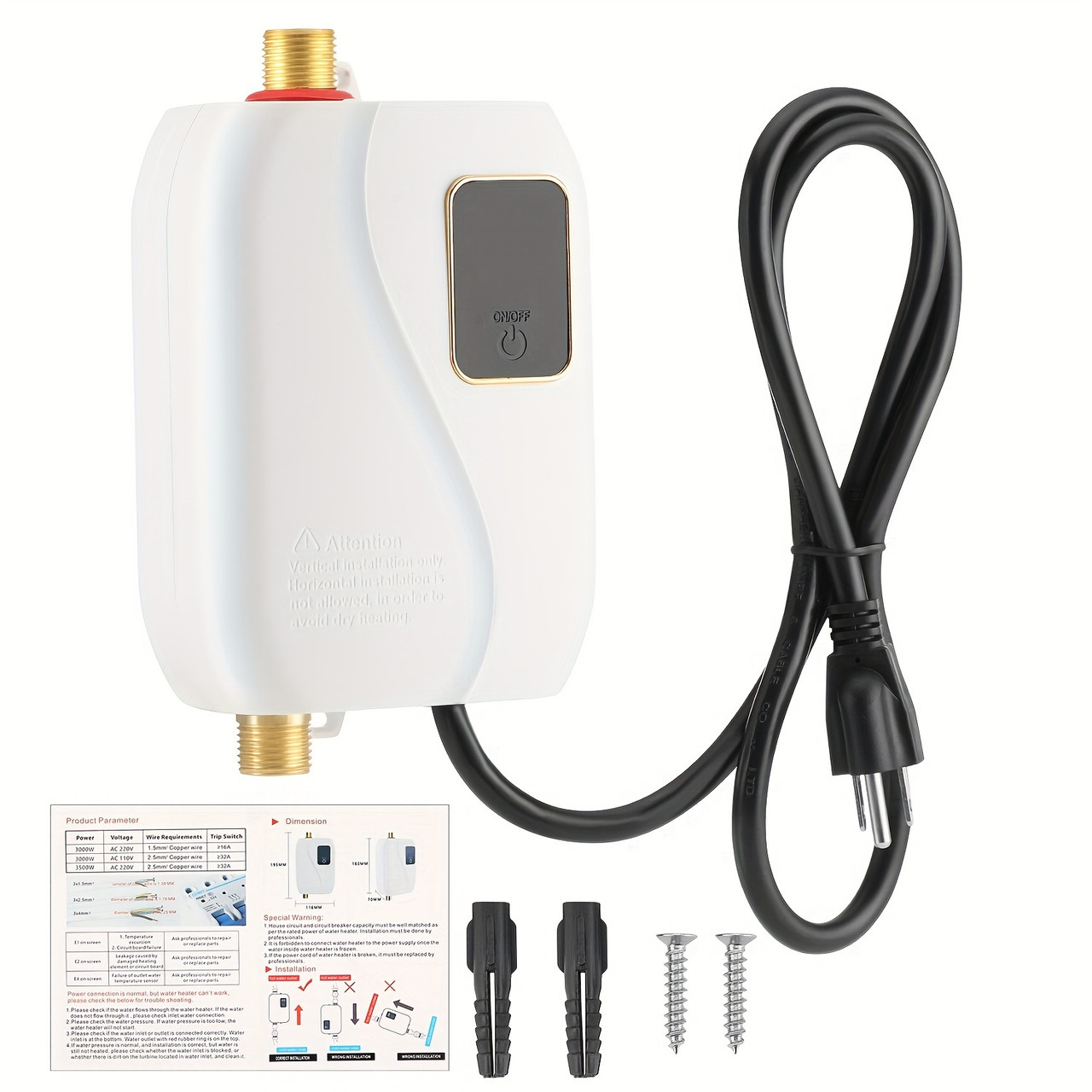 3000W Tankless Electric Hot Water Heater with LED Display – Instant & Consistent Water Heating for Kitchens, Bathrooms & Sinks, 110V, Easy Installation, Stainless Steel Construction