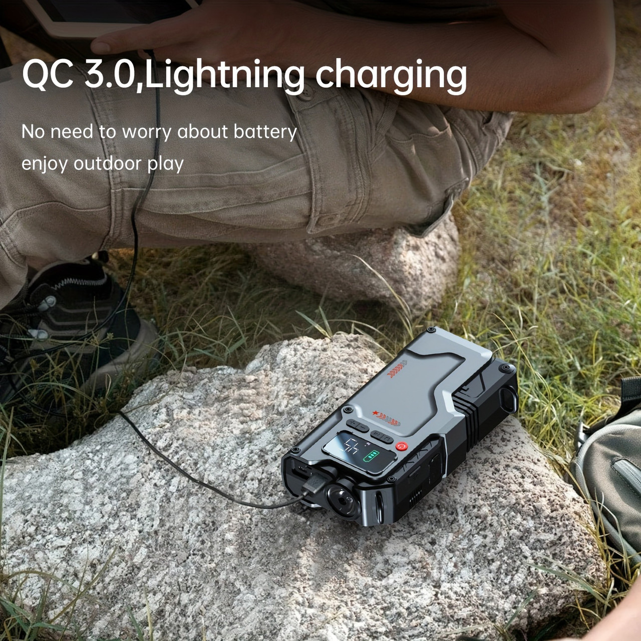5000A Portable Jump Starter with 150PSI Air Compressor, Digital Display & Type-C Fast Charging Durable Insulated Car Battery Charger for 2.64gal Gas or 2.38gal Diesel Engines, Includes Red/Black Cables and Inflation Hose, Grey Color