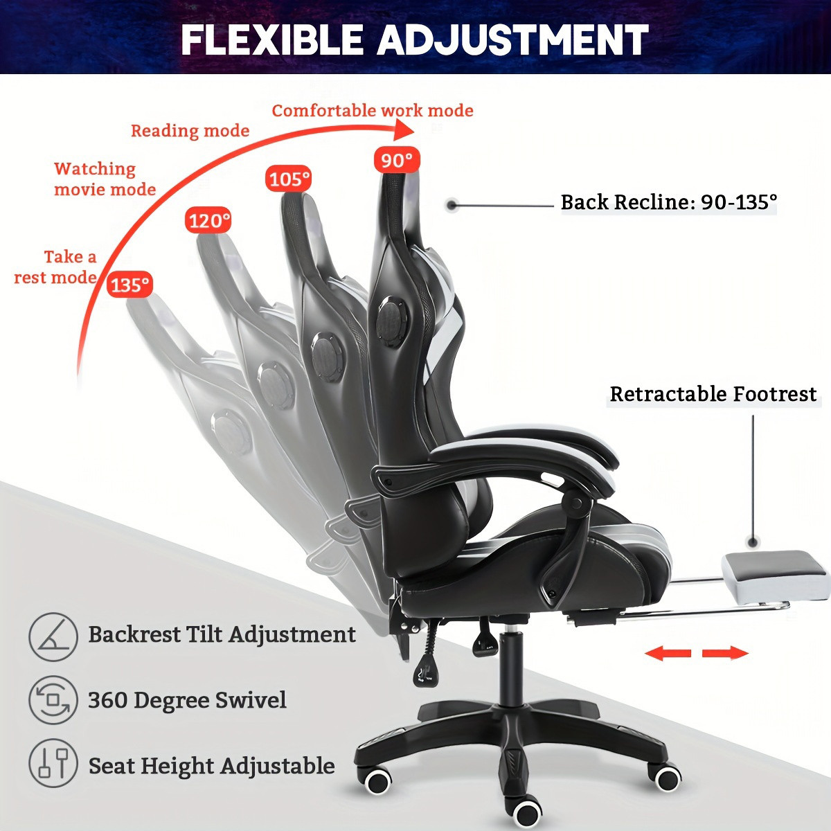 Chair Type: Chaise-lounge
Frame Material: Metal
Filling Material: Sponge
Back Style: Solid
Movement Type: Rotating
Operation Instruction: Wipe Clean
Seat Recliner Operation Mode: Manual
Surface Recommendation: Other
Seat/Recliner Adjustment Method: Handle
Power Supply: USB Powered
Color: Blue + Black