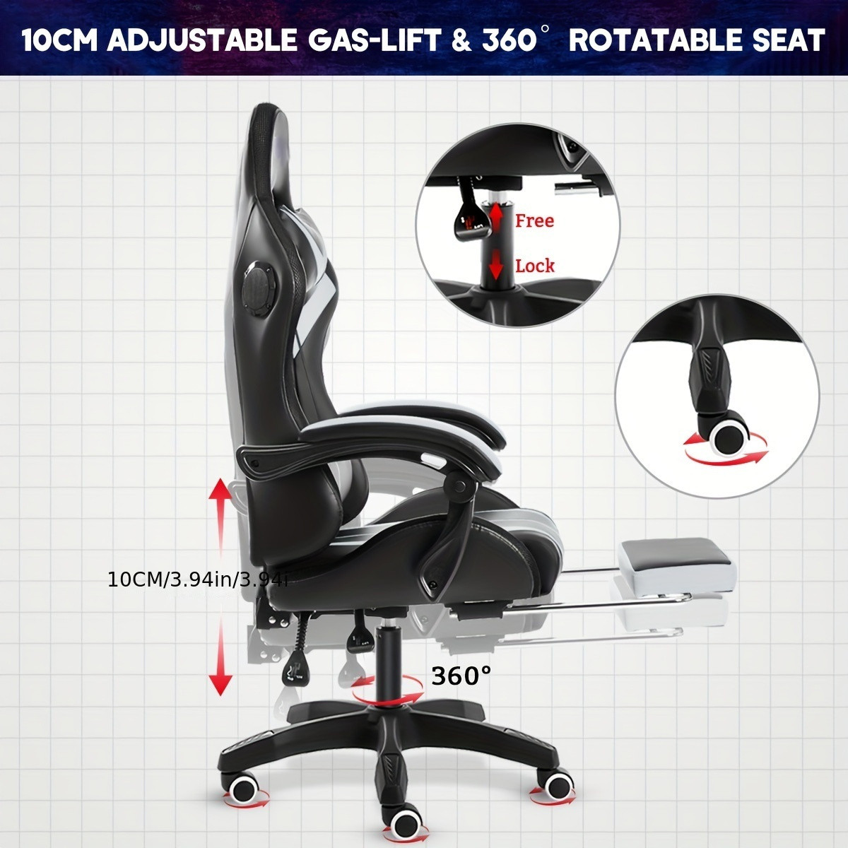 Chair Type: Chaise-lounge
Frame Material: Metal
Filling Material: Sponge
Back Style: Solid
Movement Type: Rotating
Operation Instruction: Wipe Clean
Seat Recliner Operation Mode: Manual
Surface Recommendation: Other
Seat/Recliner Adjustment Method: Handle
Power Supply: USB Powered
Color: Blue + Black